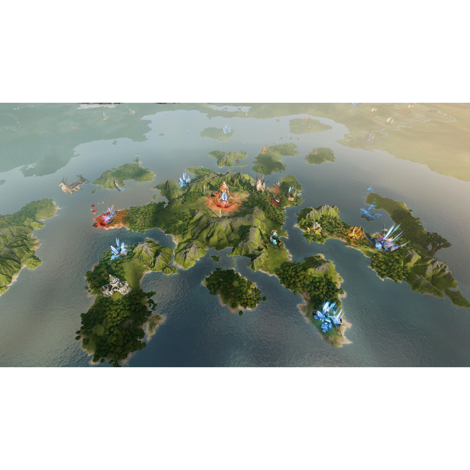 Widok z lotu ptaka na wyspy na wodzie, z różnymi strukturami i kolorowym krajobrazem.