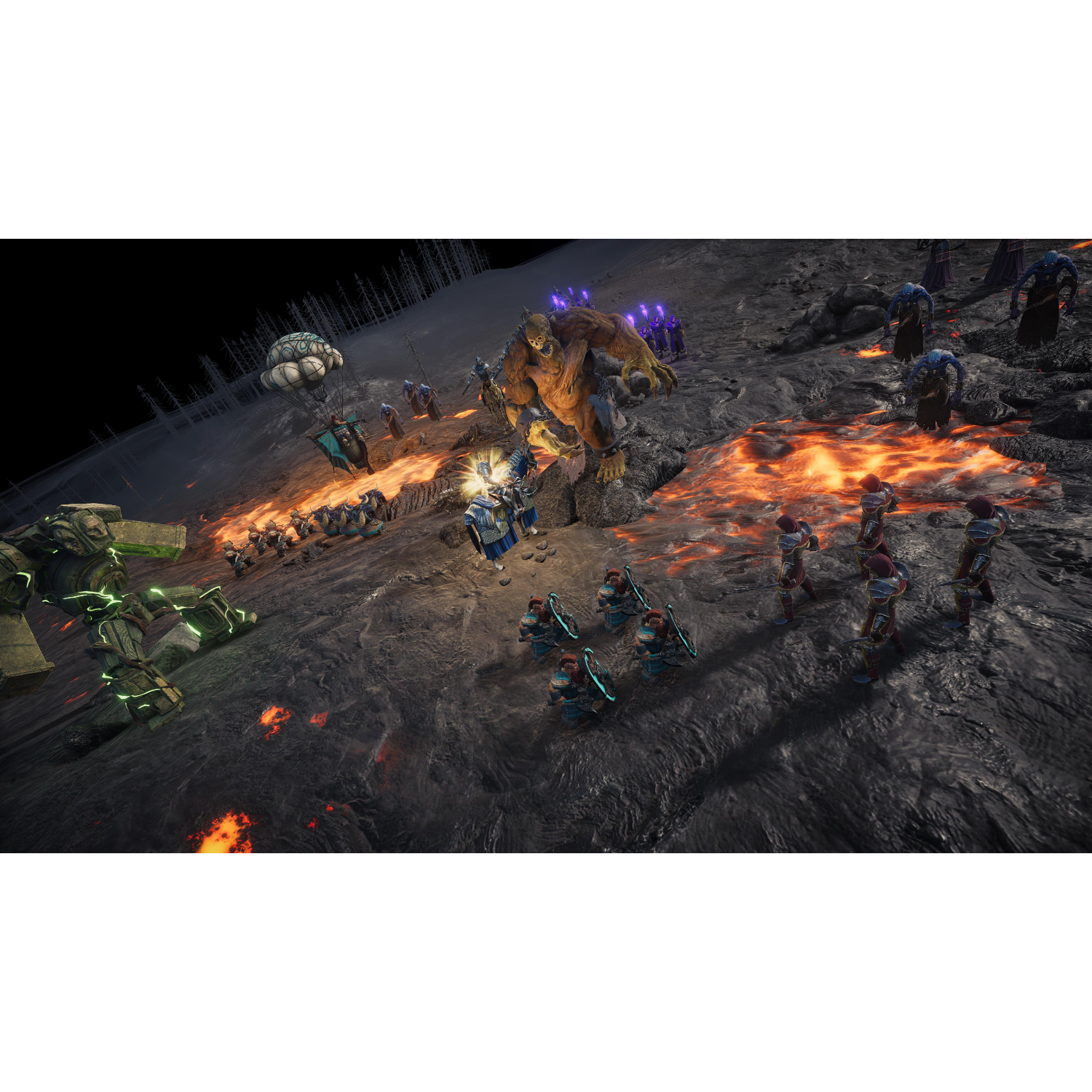 Scena bitwy fantasy z wojownikami, potworami i lawą. Scena to mroczny, obcy krajobraz.