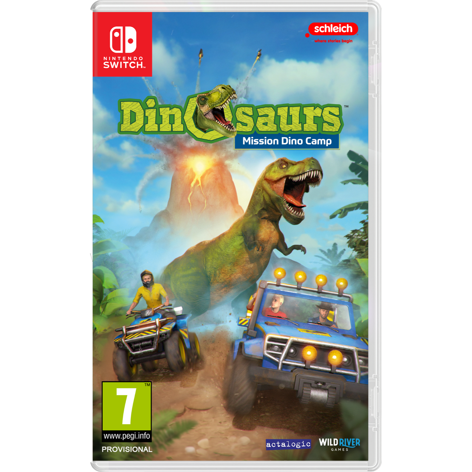Dinosaurier-Spielbox, zeigt T-Rex, Fahrzeuge und cartoonartige Charaktere.