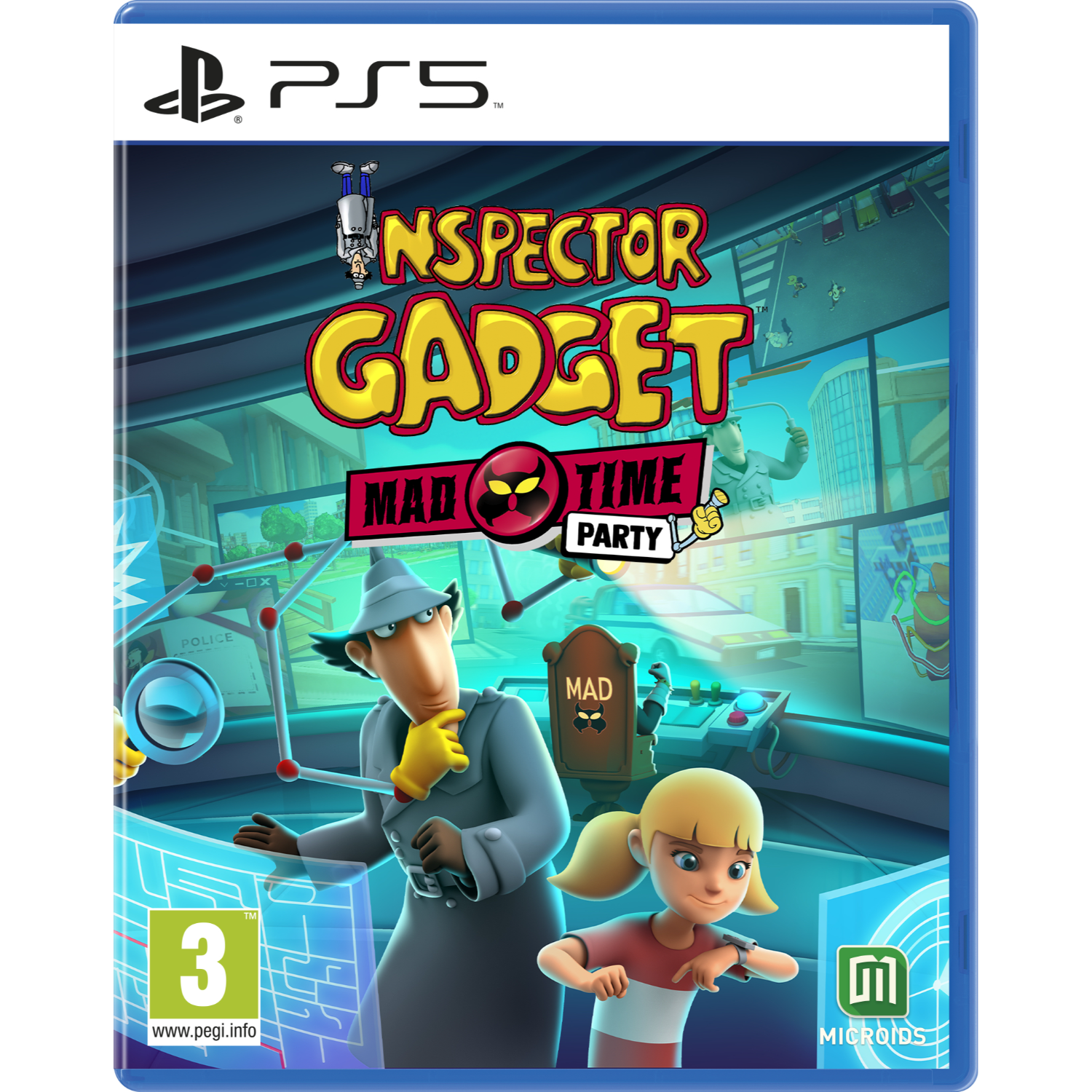 Opakowanie gry PS5, z grą Inspektor Gadżet. Ilustracja postaci.