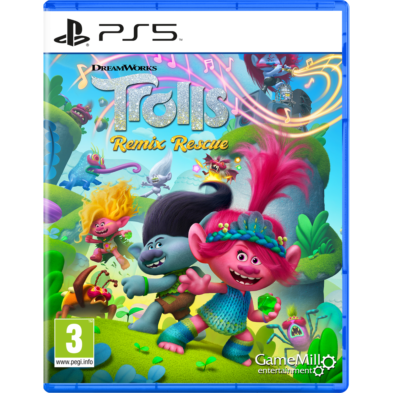 Pudełko gry Trolls Remix Rescue na PS5. Kolorowe postacie z filmu na okładce.