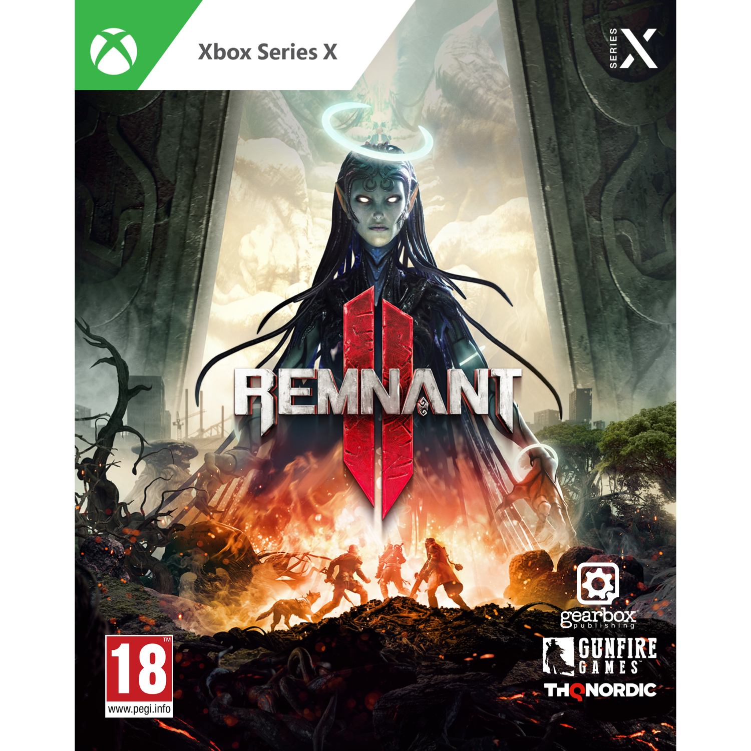 Pudełko gry 'Remnant II' na Xbox Series X. Okładka przedstawia scenę fantasy z postaciami.