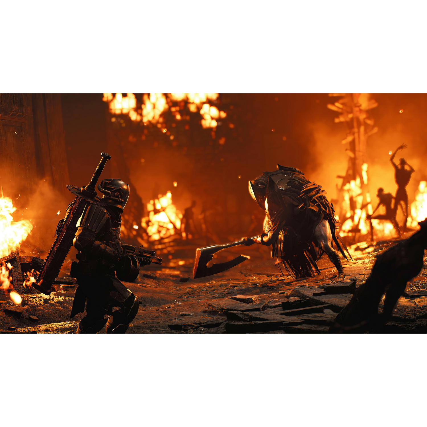 Scena bitwy z postaciami dzierżącymi broń w ogniu i chaosie, bardzo dramatyczna.