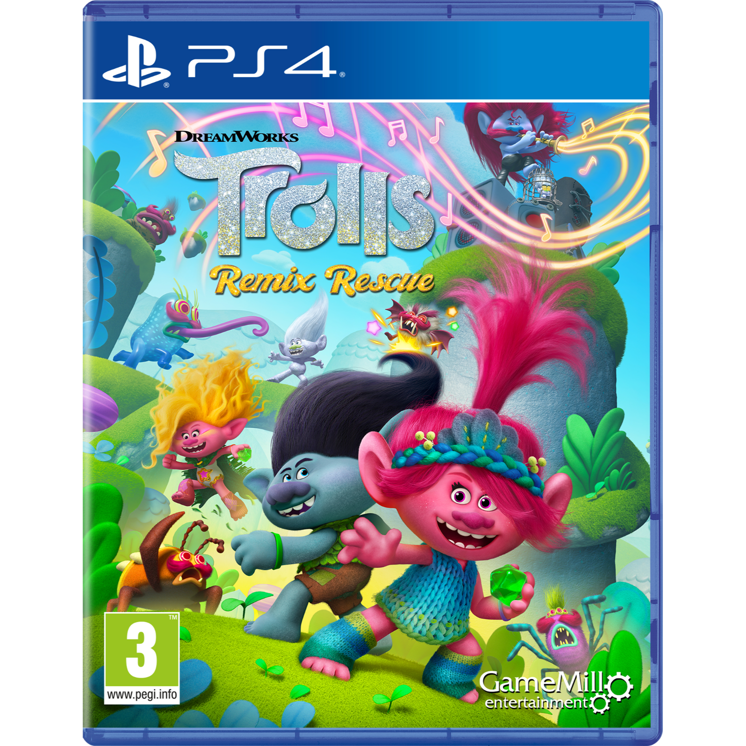 Das Cover des PS4-Spiels Trolls Remix Rescue mit bunten Charakteren.