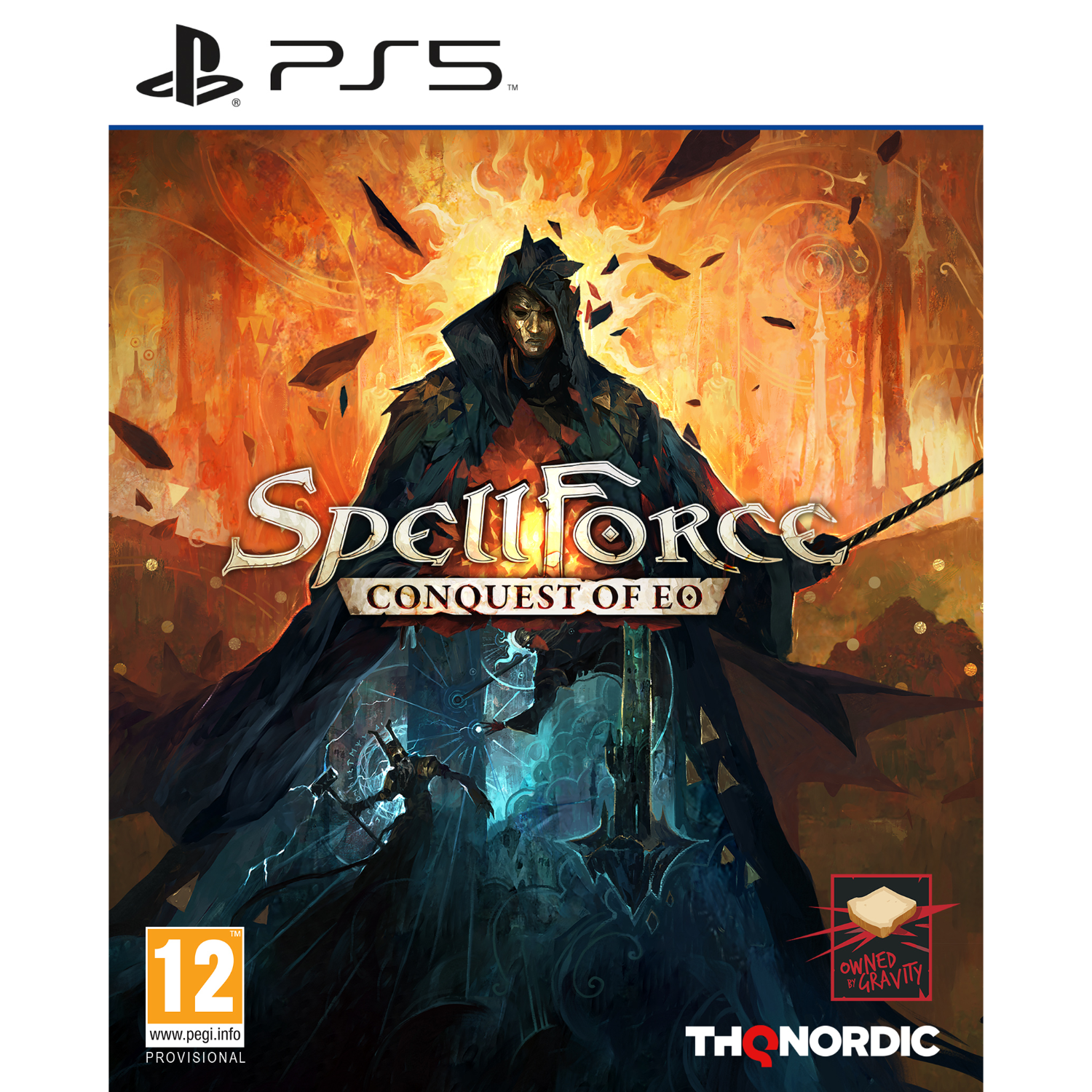 Okładka gry PS5: postać w szacie, ogniste tło, tytuł Spellforce.