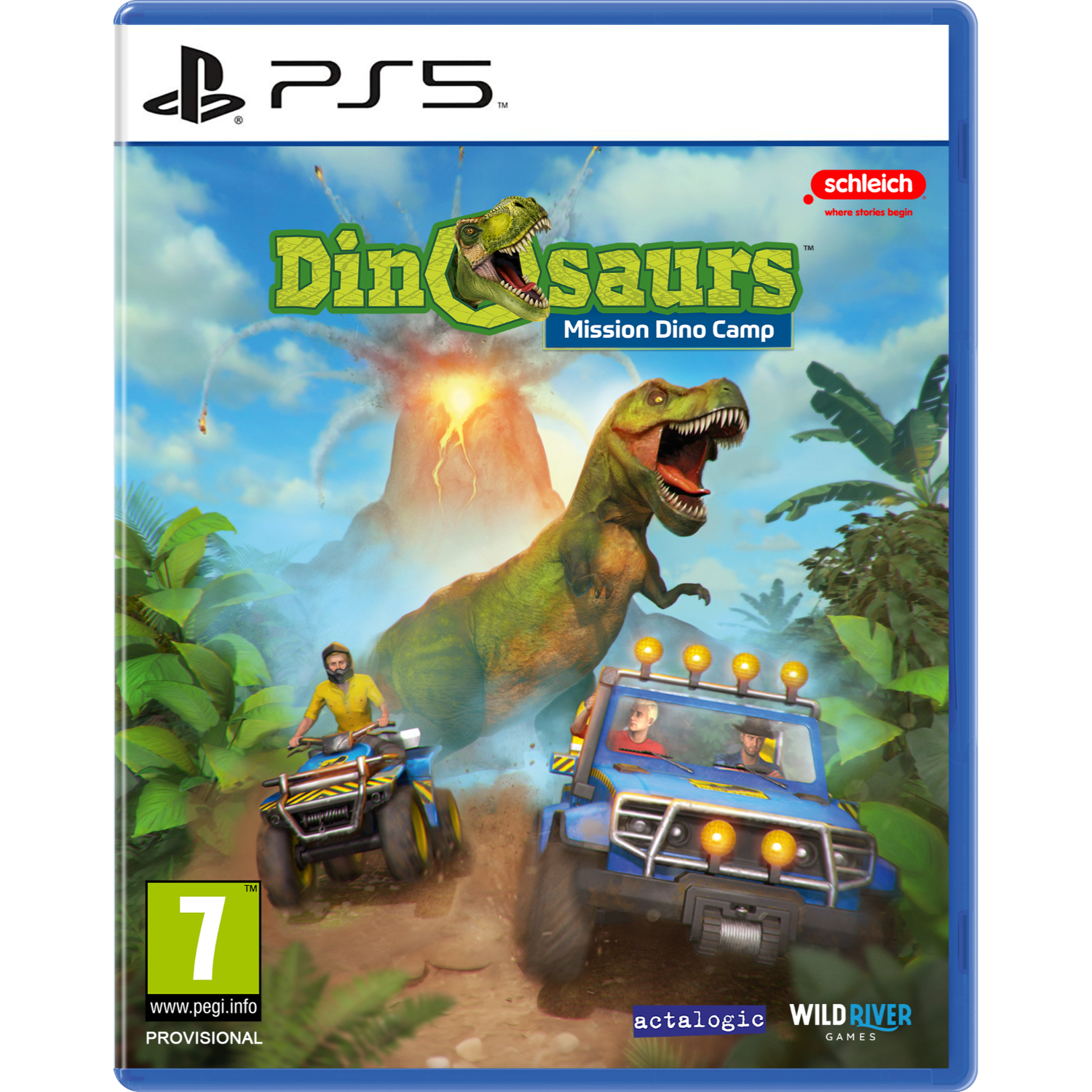 Okładka gry PS5 Dinosaurs: Mission Dino Camp. Widoczny T-Rex i pojazdy.
