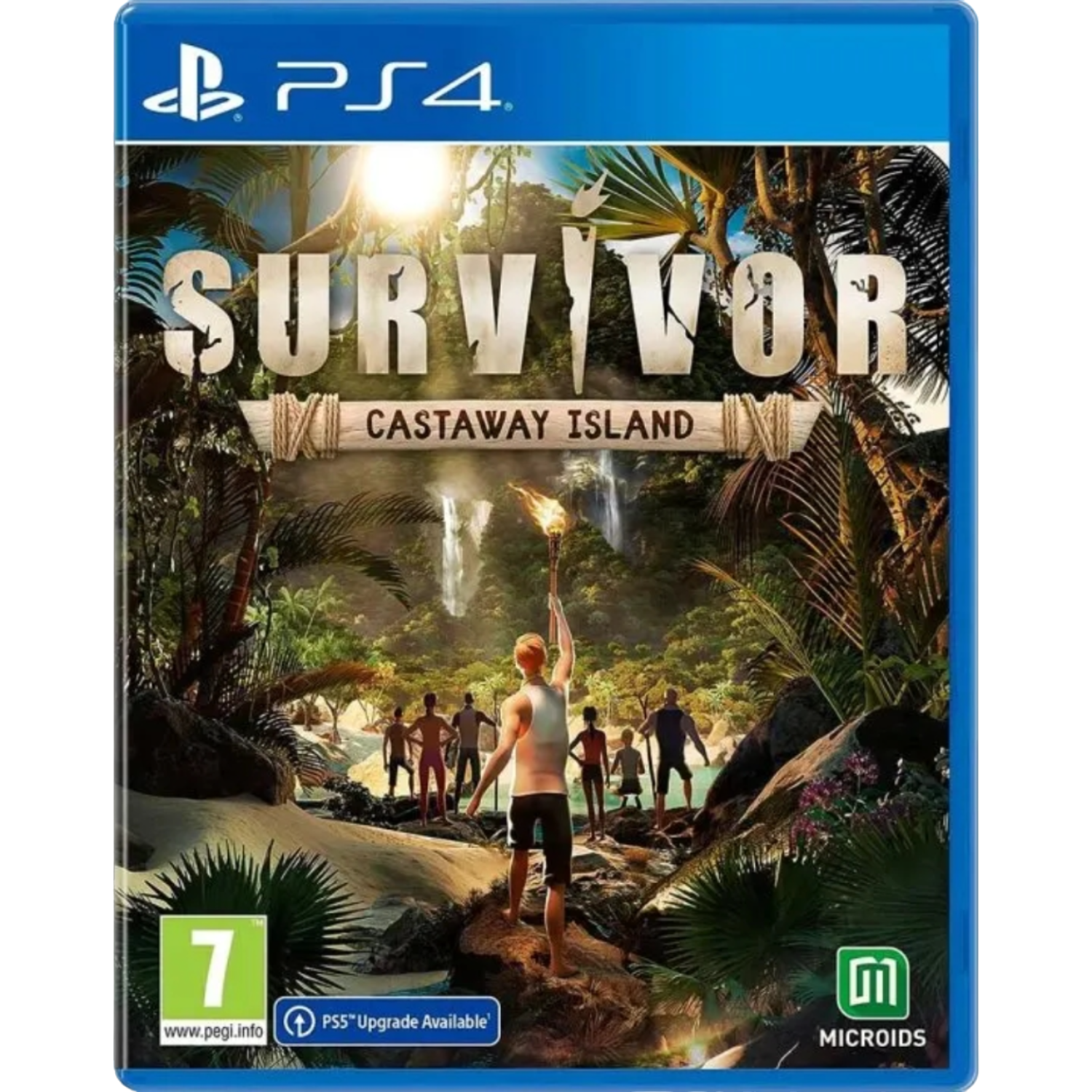 Scatola del gioco PS4 'Survivor Castaway Island' con persone sulla spiaggia e un uomo con una torcia.