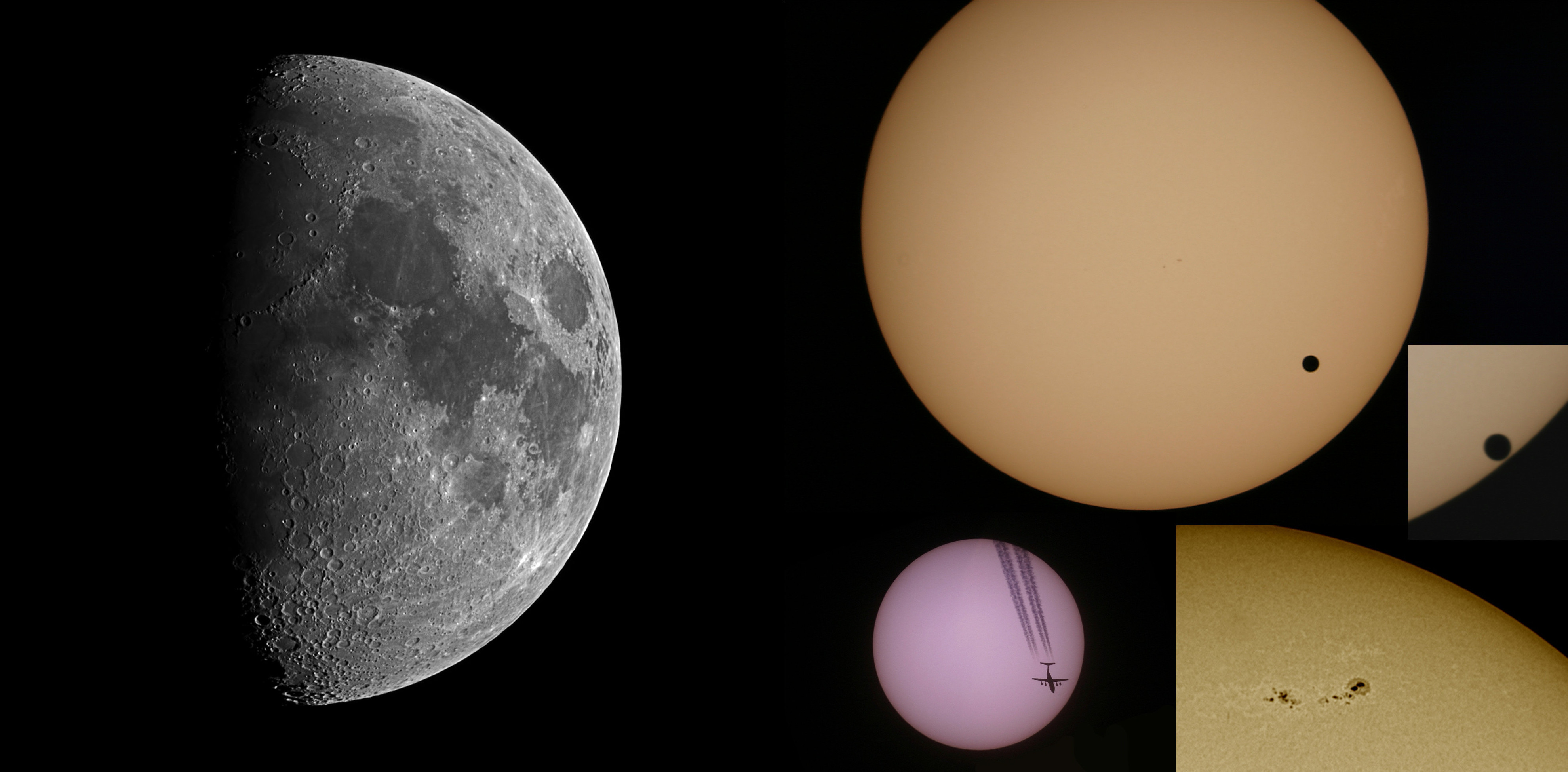 Mond, Sonne und Venustransit vor der Sonne, mit Flugzeug. Alles im Weltraum.