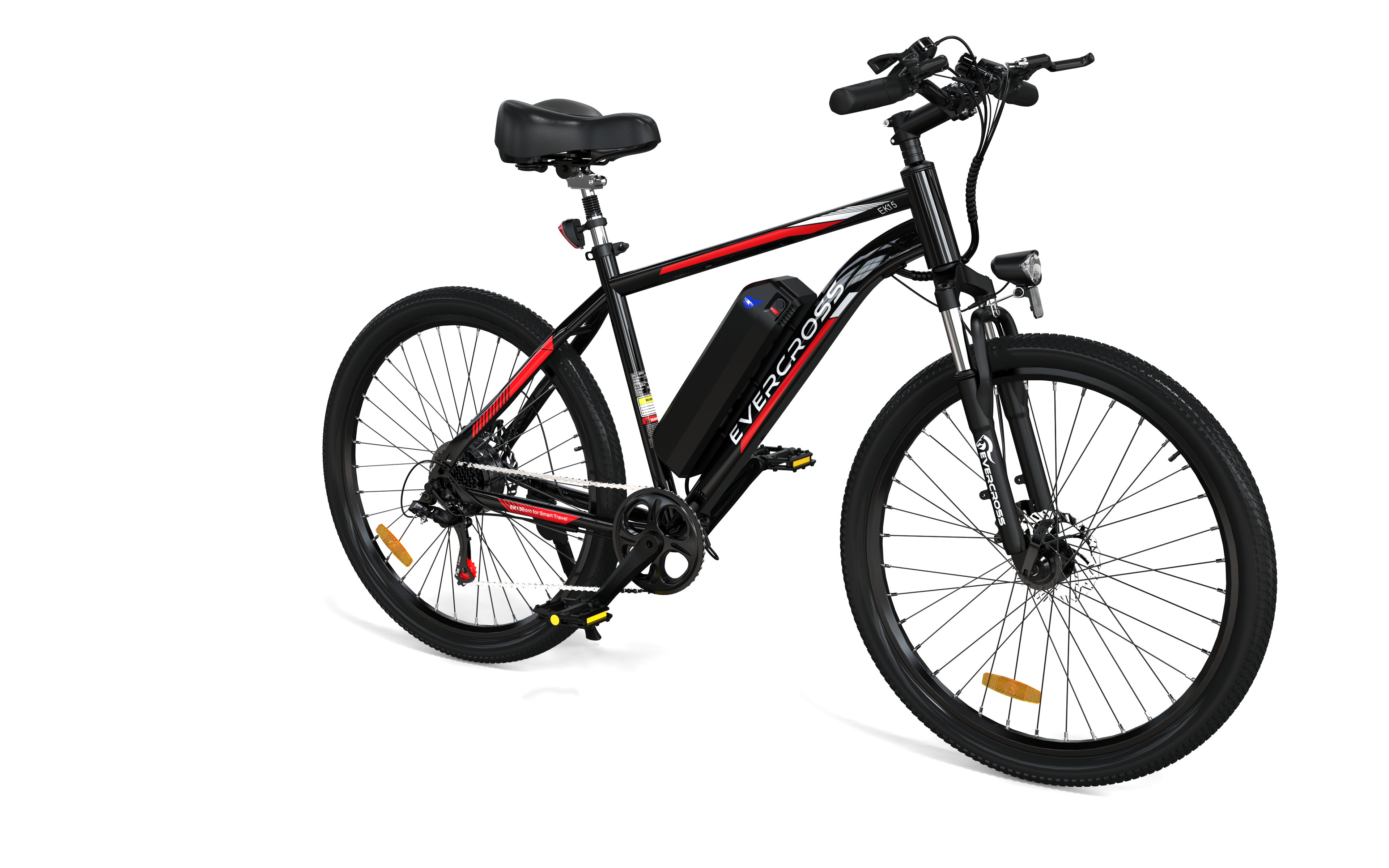 Schwarzes Elektrofahrrad mit roten Akzenten, Akku und Markenname auf dem Rahmen.