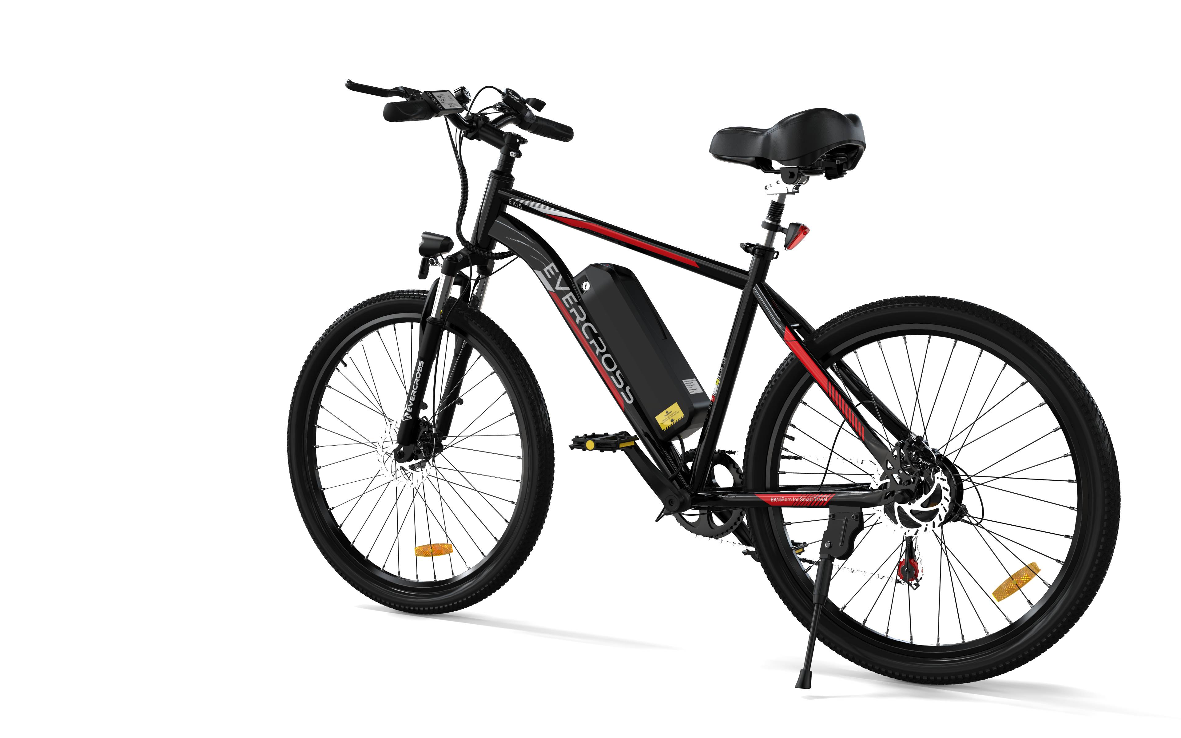Schwarzes und rotes Elektrofahrrad mit dem Evercross-Logo, vor schwarzem Hintergrund.