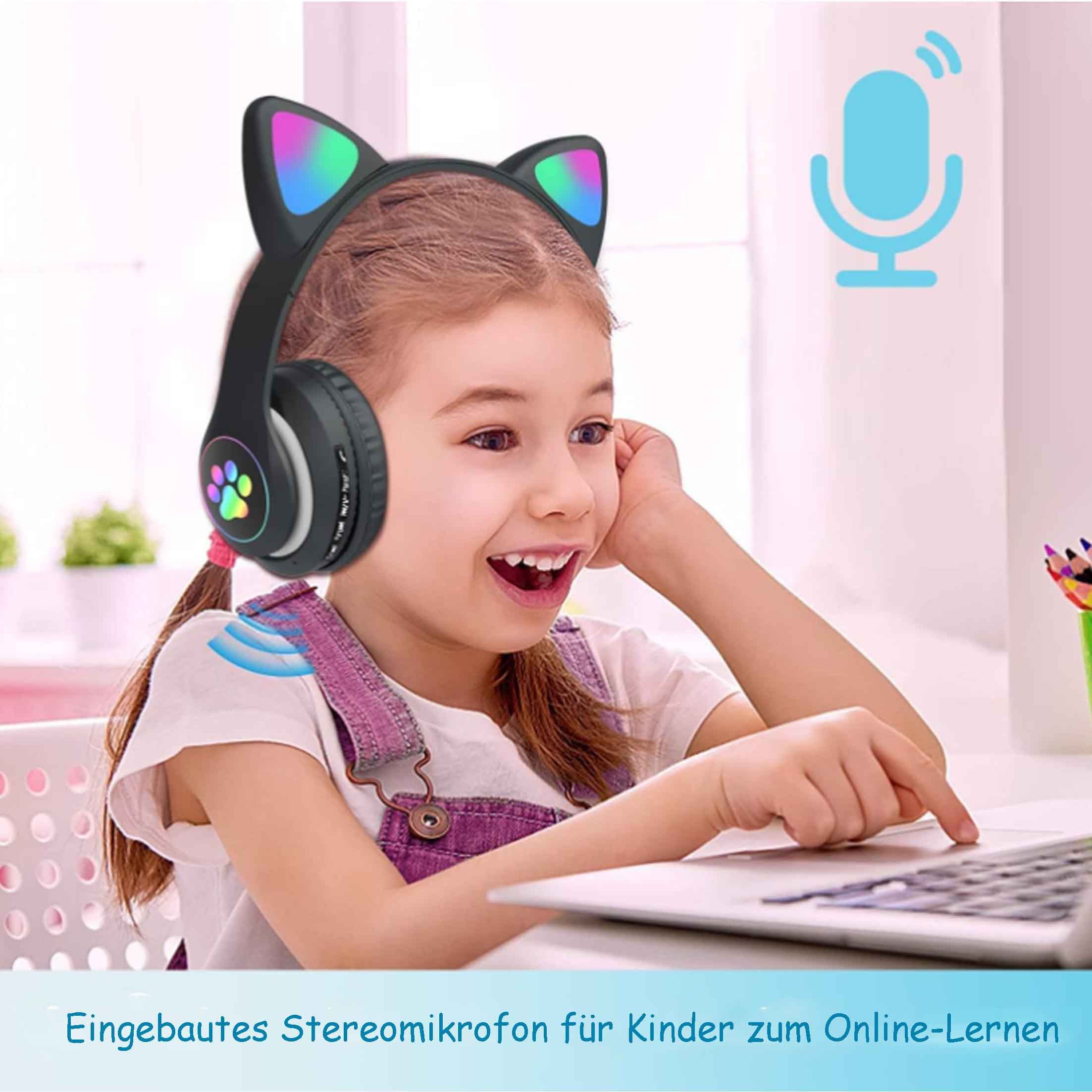 Una ragazza con cuffie a forma di orecchie di gatto sorride a un laptop, con un'icona del microfono.
