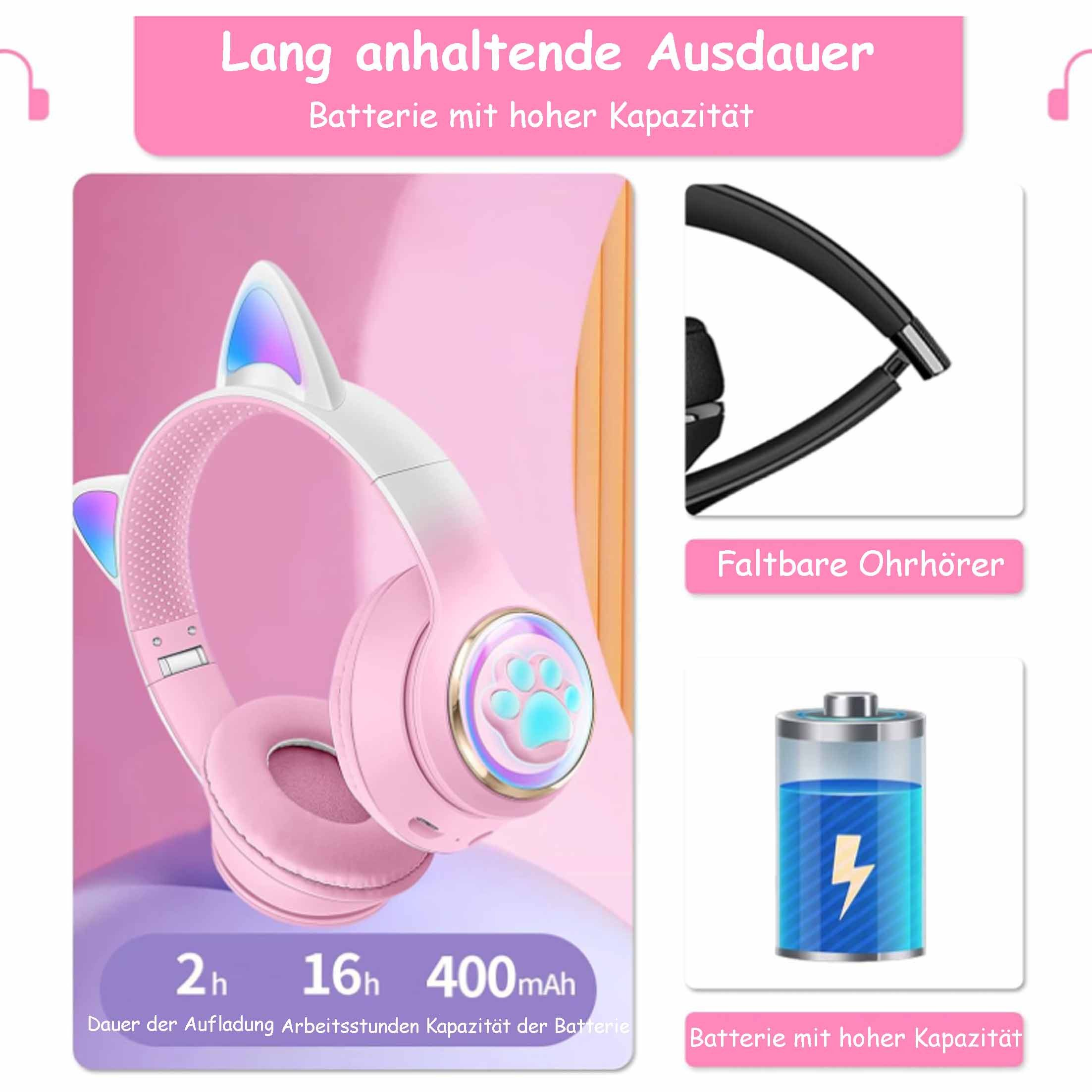 Cuffie rosa con orecchie da gatto con dettagli su tempo di ricarica, durata della batteria e capacità.
