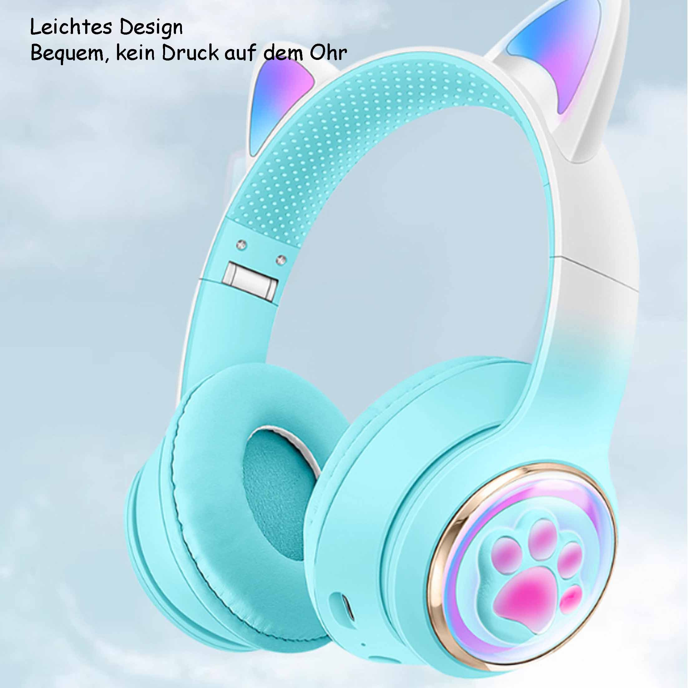 Cuffie con orecchie da gatto blu e bianche. Colore azzurro con impronta di zampa rosa sull'orecchio.