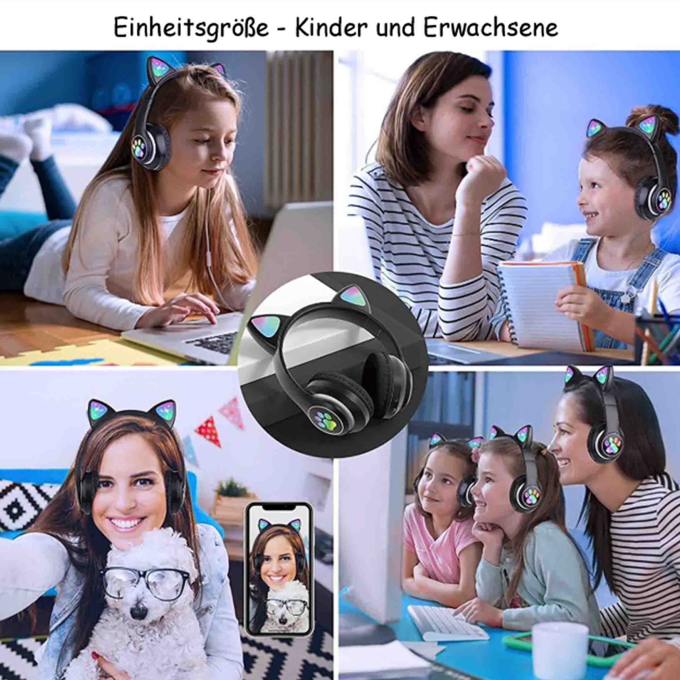 Diverse immagini di persone, adulti e bambini, con cuffie con orecchie di gatto.