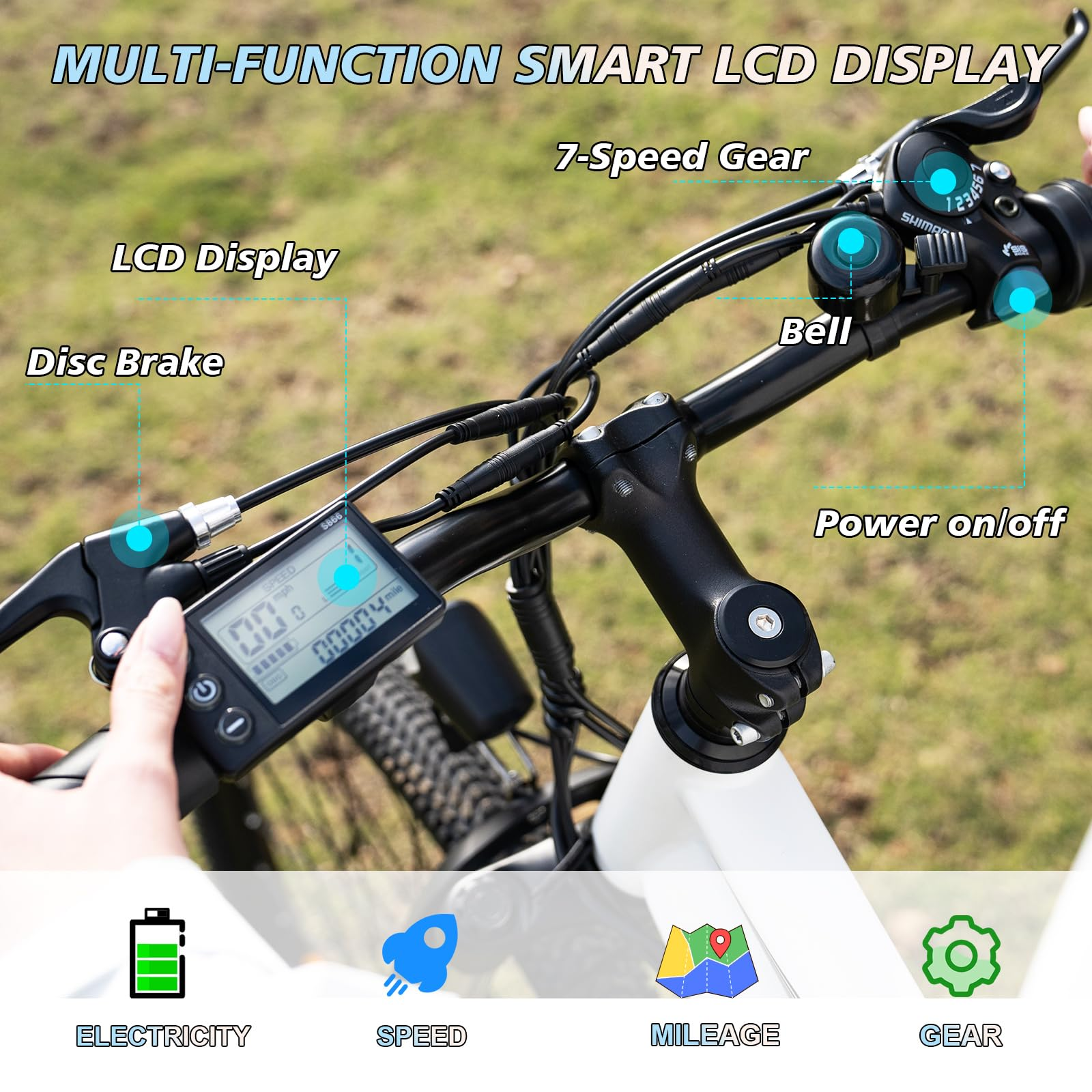 Nahaufnahme eines Fahrradlenkers mit LCD-Display, Scheibenbremse, Klingel und Ein-/Ausschalter.