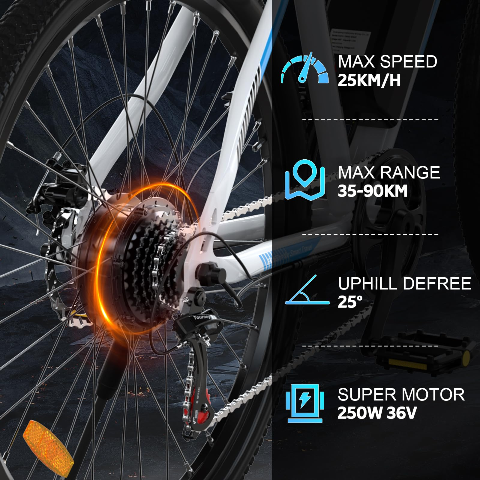 Nahaufnahme des Fahrradrads mit Geschwindigkeits-, Reichweiten- und Motorinfo. E-Bike-Details.