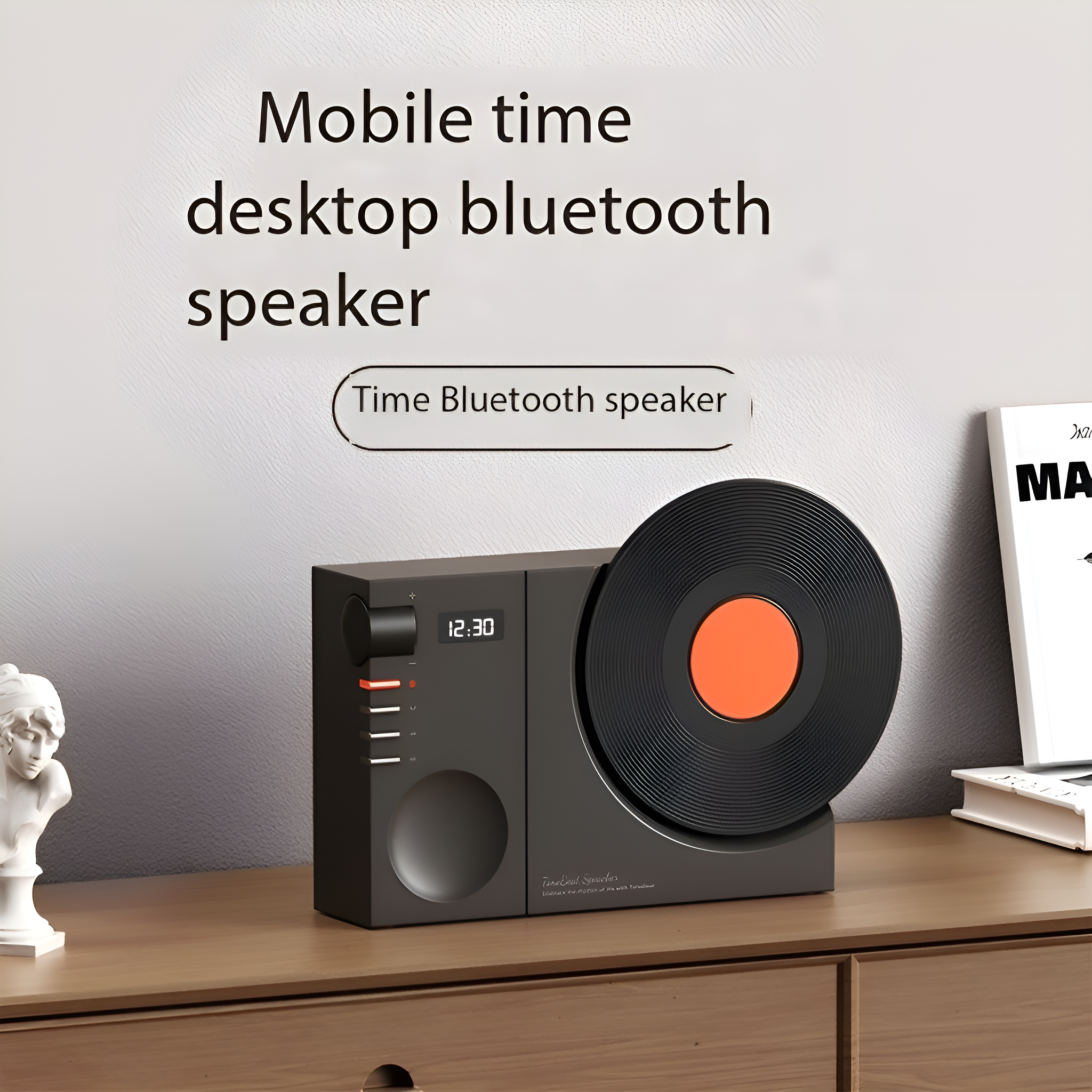 Schwarzer und grauer Bluetooth-Lautsprecher im Retro-Stil mit einer Schallplatte an der Seite.