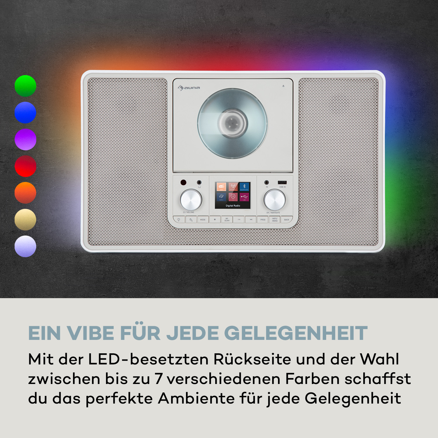 Ein weißes Stereo mit farbwechselnden Lichtern auf der Rückseite, mit CD-Player und sichtbaren Knöpfen.