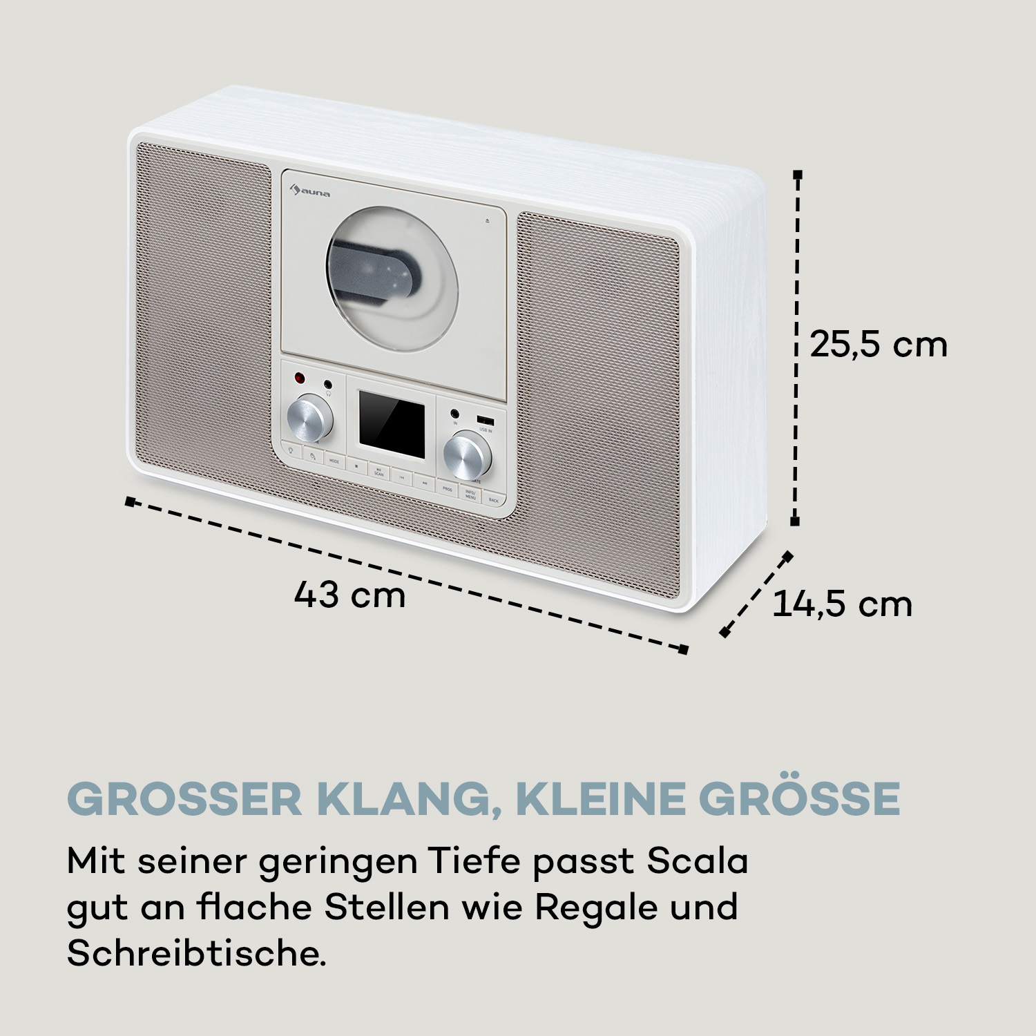 Weißes und beiges Audiogerät. Abmessungen: 43cm x 25,5cm x 14,5cm. Text: Großer Klang, kleine Größe.