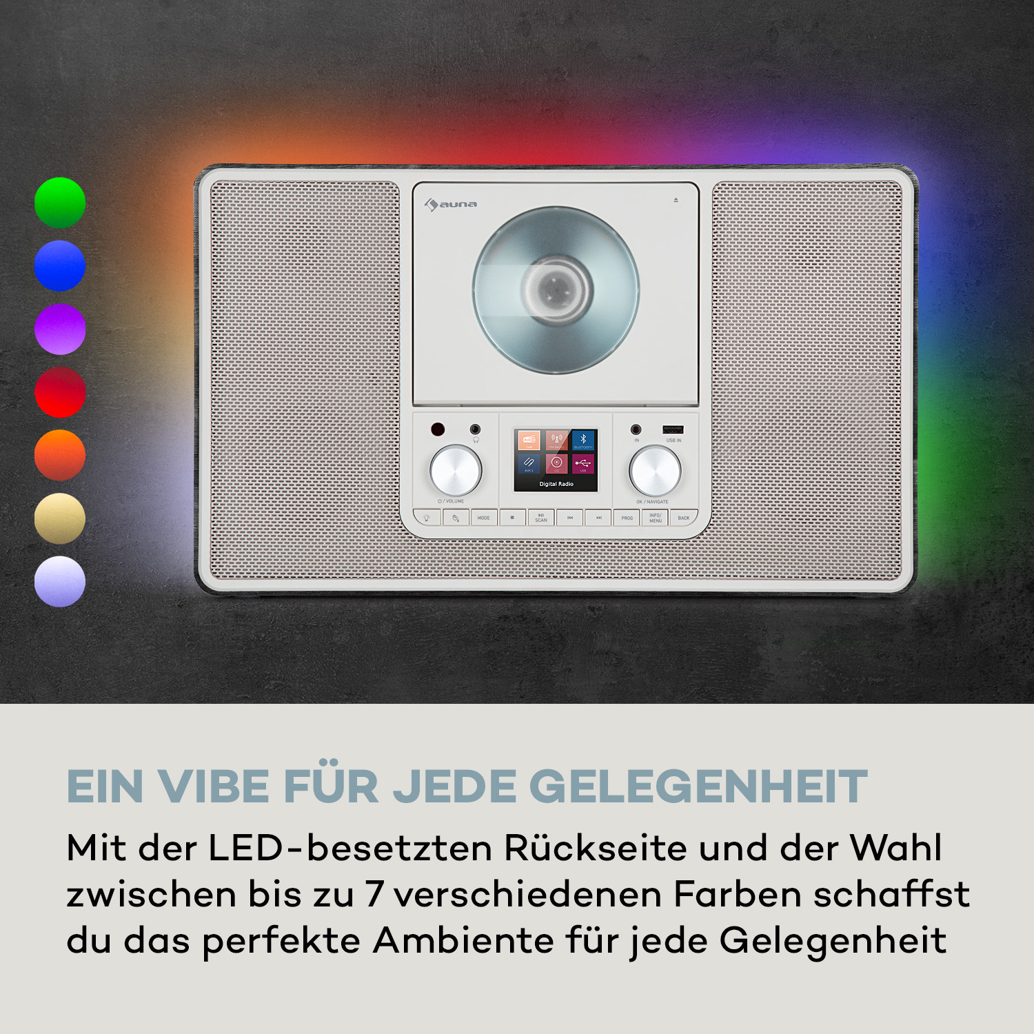 Ein weißes Digitalradio mit farbwechselnden LED-Leuchten auf der Rückseite.
