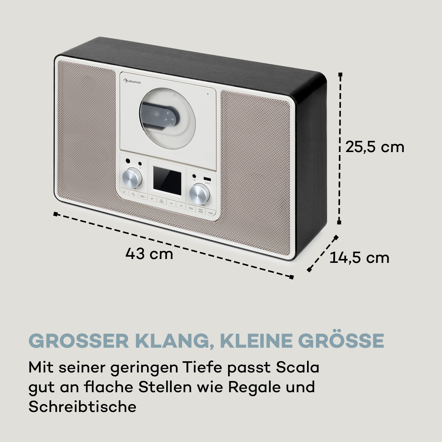 Stereoanlage mit Maßen. Text: GROSSER KLANG, KLEINE GRÖSSE. Passt gut an flache Stellen.