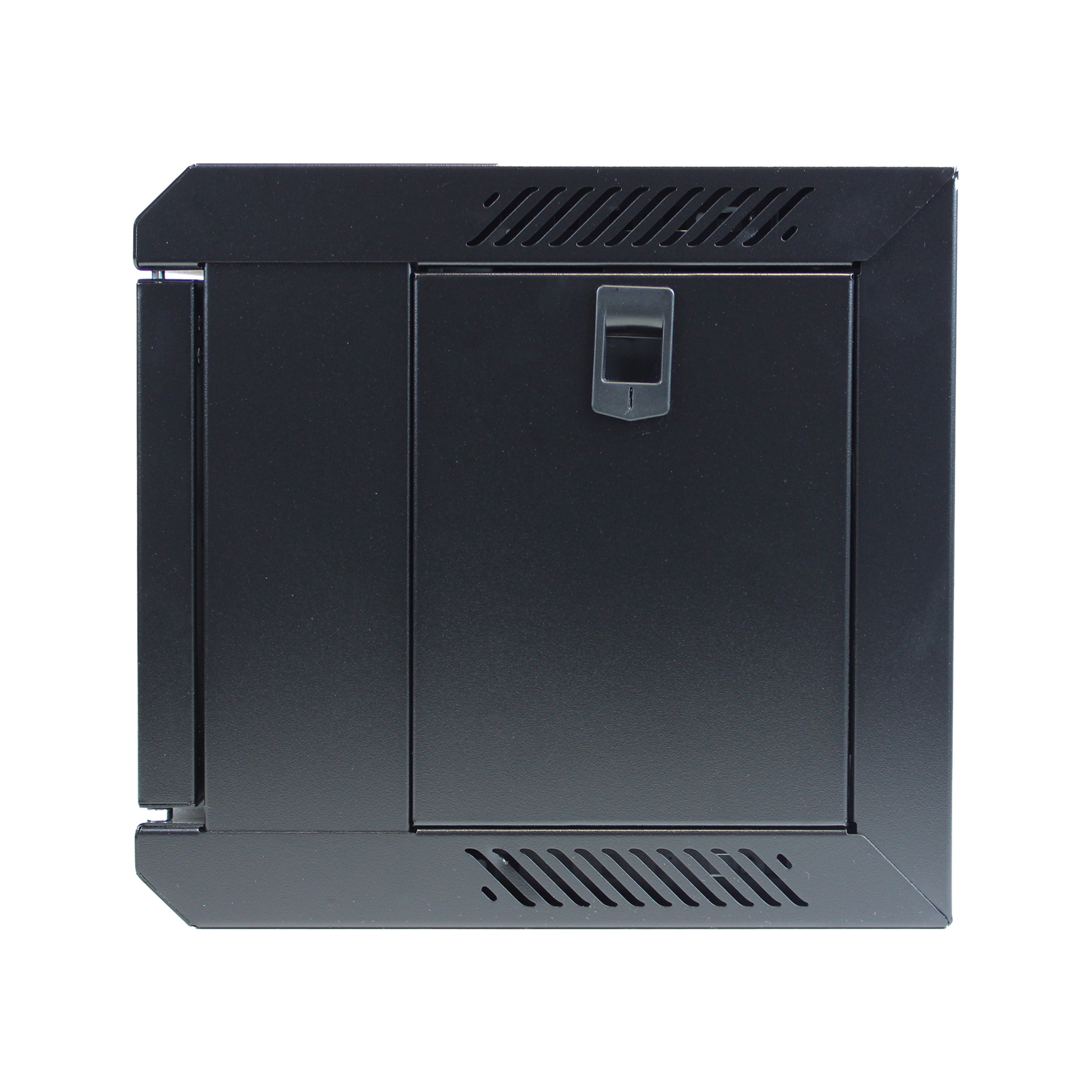 Armadio rack per computer nero con porta e prese d'aria, su sfondo bianco.