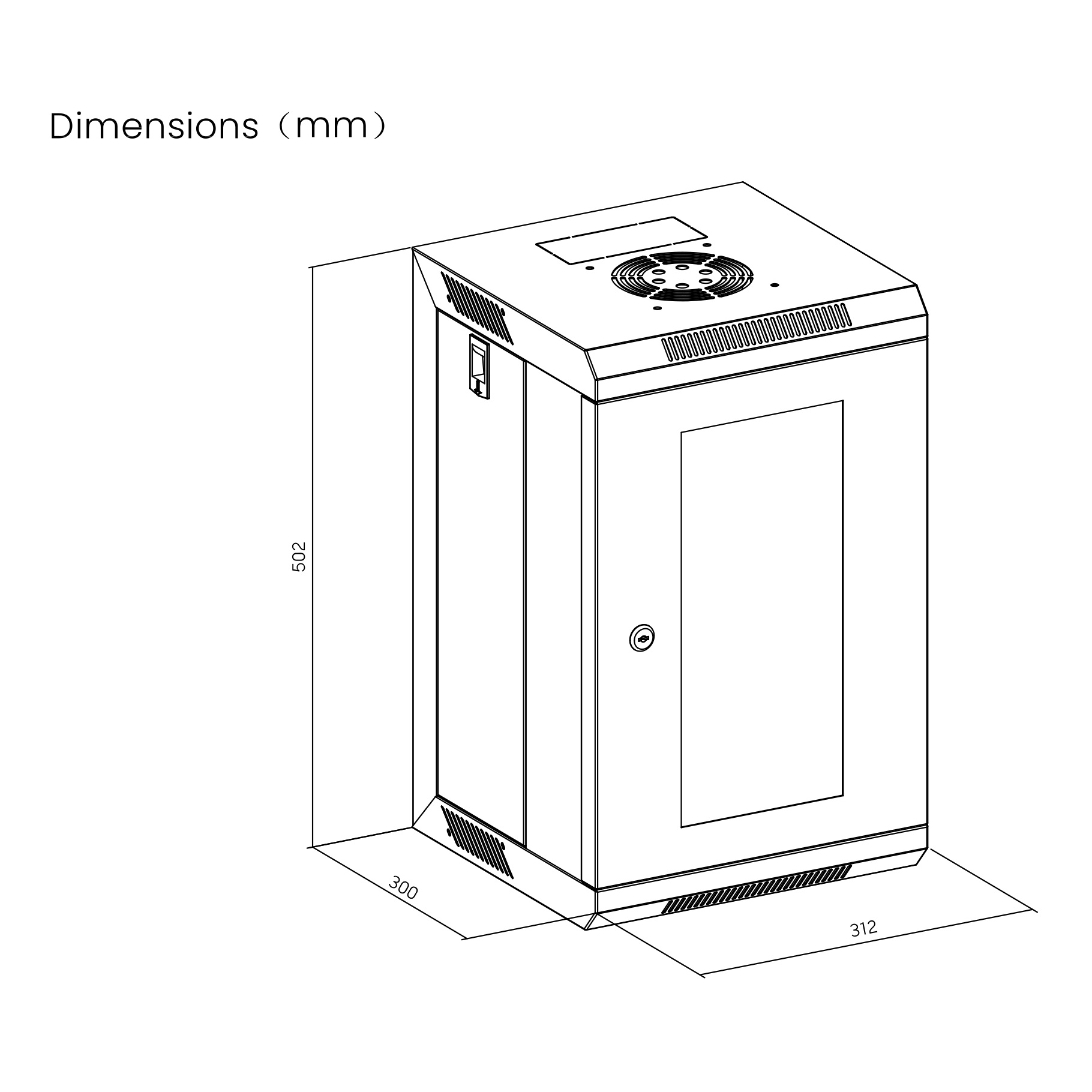 Disegno tecnico di un armadio rack per server, dimensioni in mm.