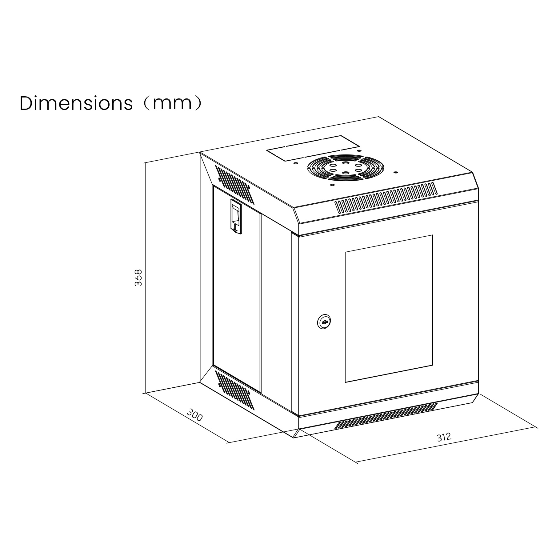 Un disegno a tratto in bianco e nero di un rack per server con dimensioni in mm.