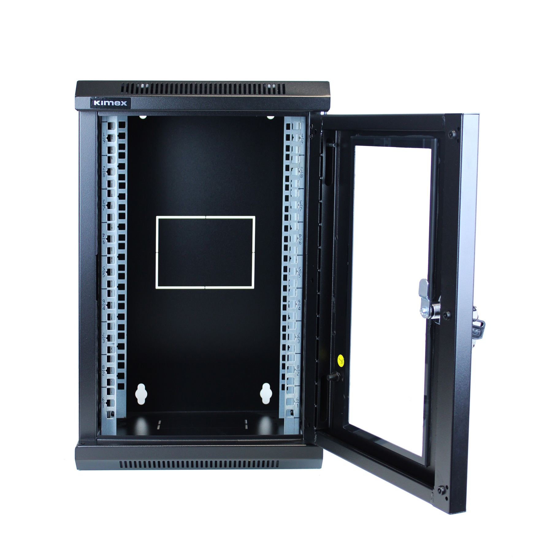 Armadio rack server nero con la porta aperta, che rivela l'hardware interno.