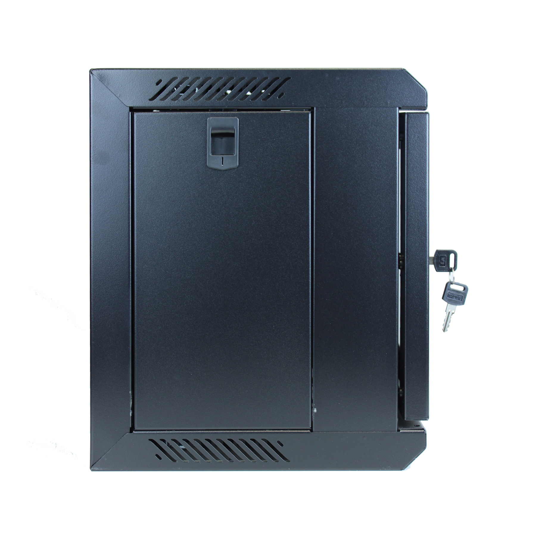 Armadio server in metallo nero. Ha una porta con una maniglia e una chiave inserita nelle vicinanze.