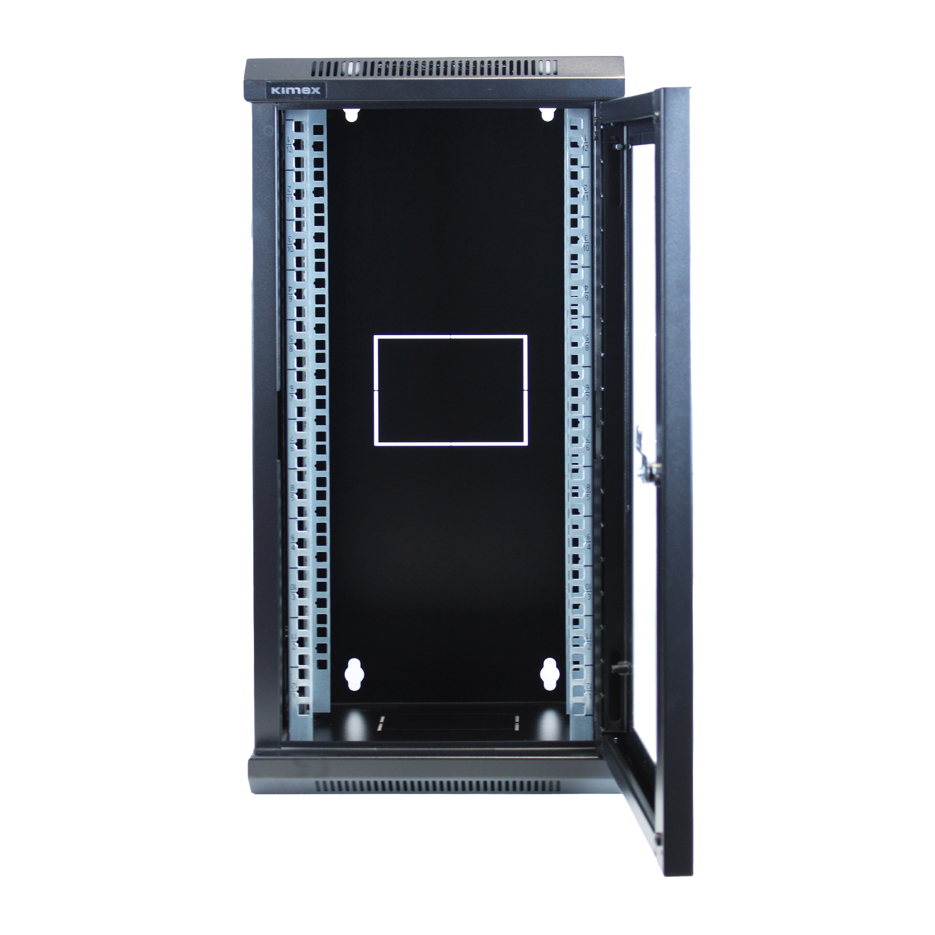 Armadio rack server nero, porta socchiusa, con guide di montaggio visibili.