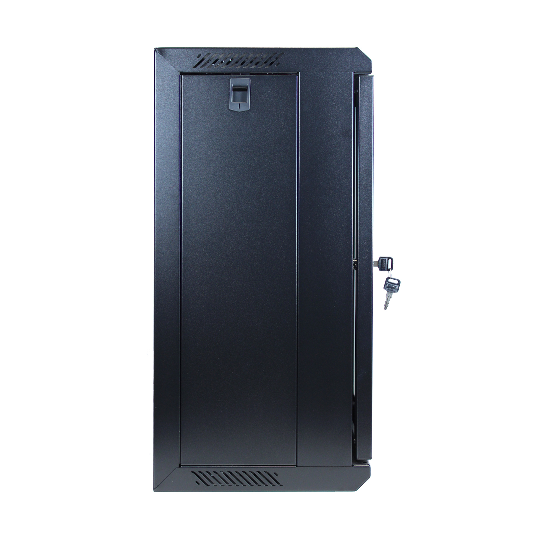 Armadio rack server nero con una porta e una chiave appesa a un lato.