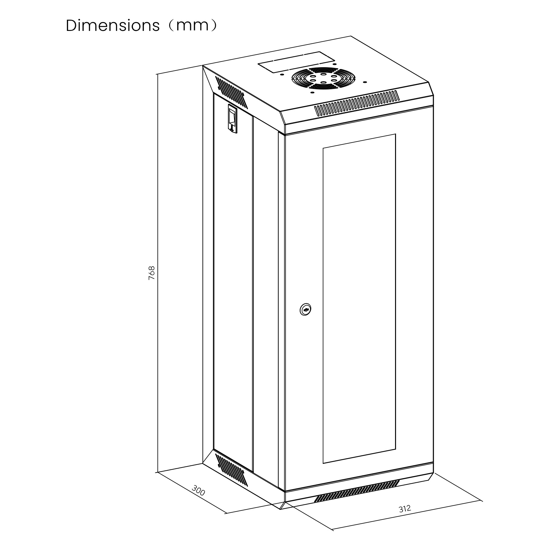 Armadio rack per server. Armadio nero con porta a vetro e dimensioni in mm.