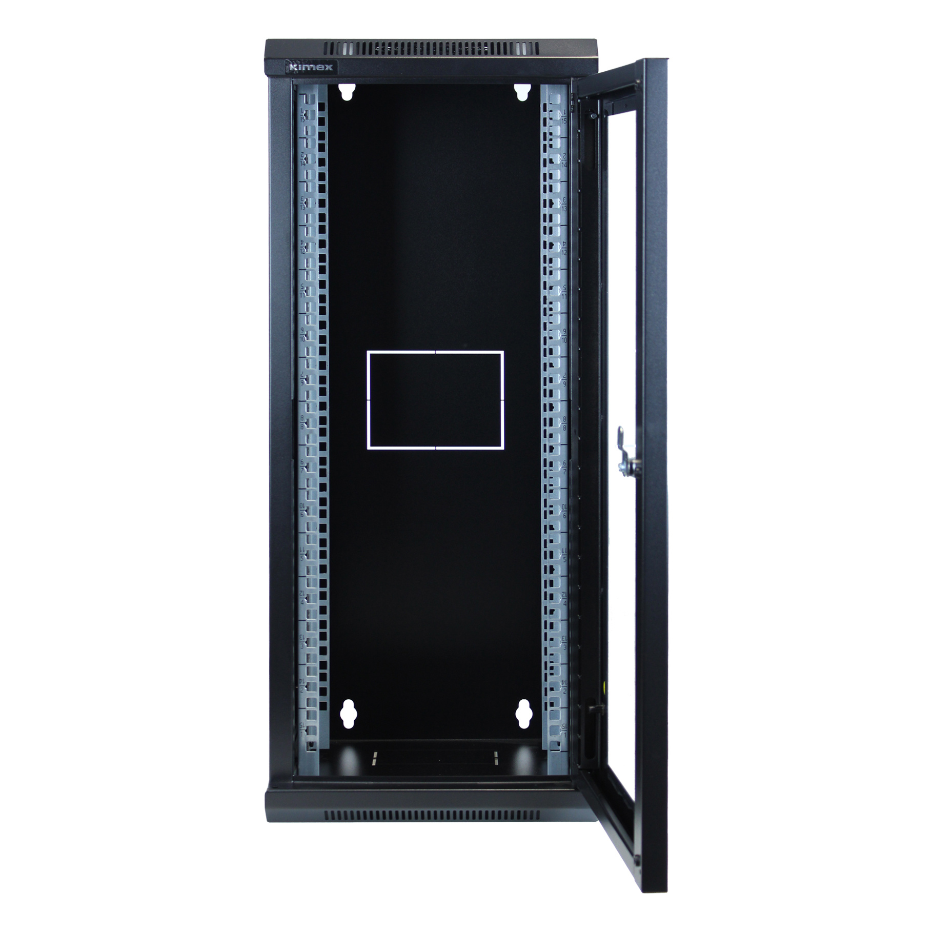 Armadio rack server nero con porta a vetri aperta, che mostra la struttura interna.