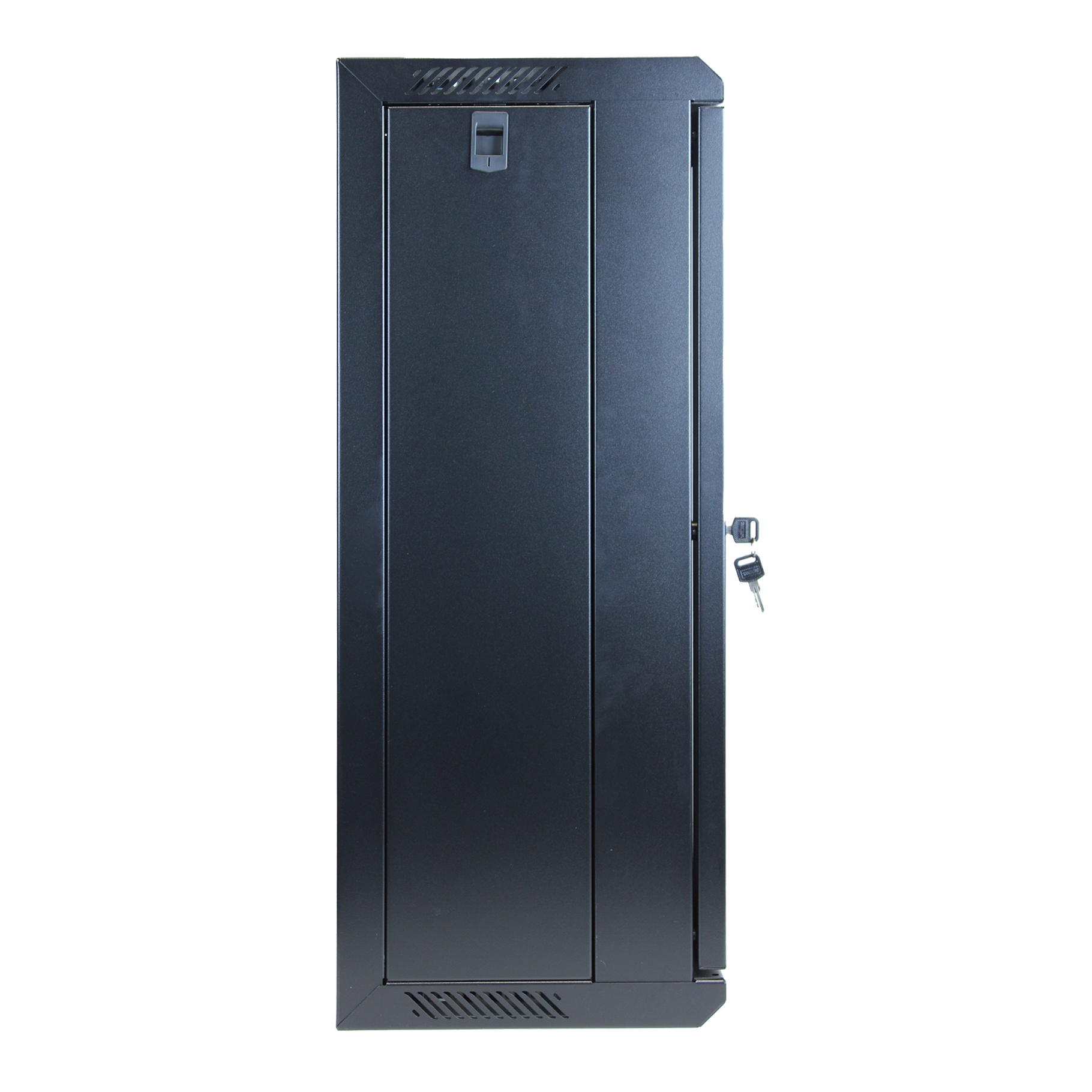 Armadio rack nero con porta e serratura. Lo sfondo è bianco.