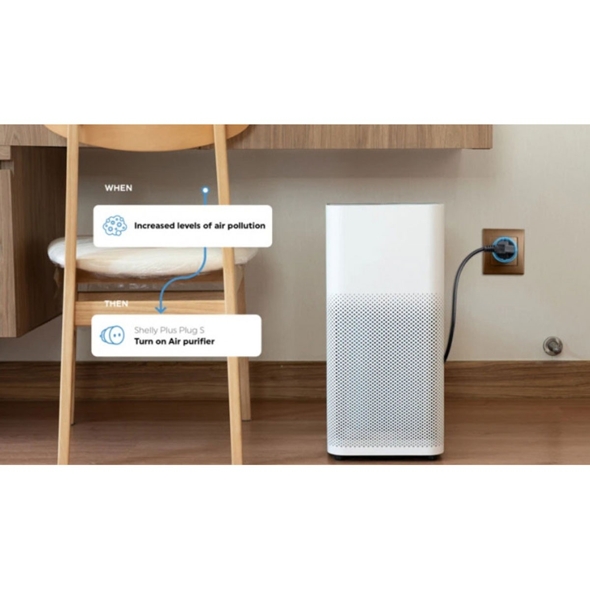 Purificador de aire junto a una toma de corriente, con un diagrama que muestra el aumento de la contaminación del aire.
