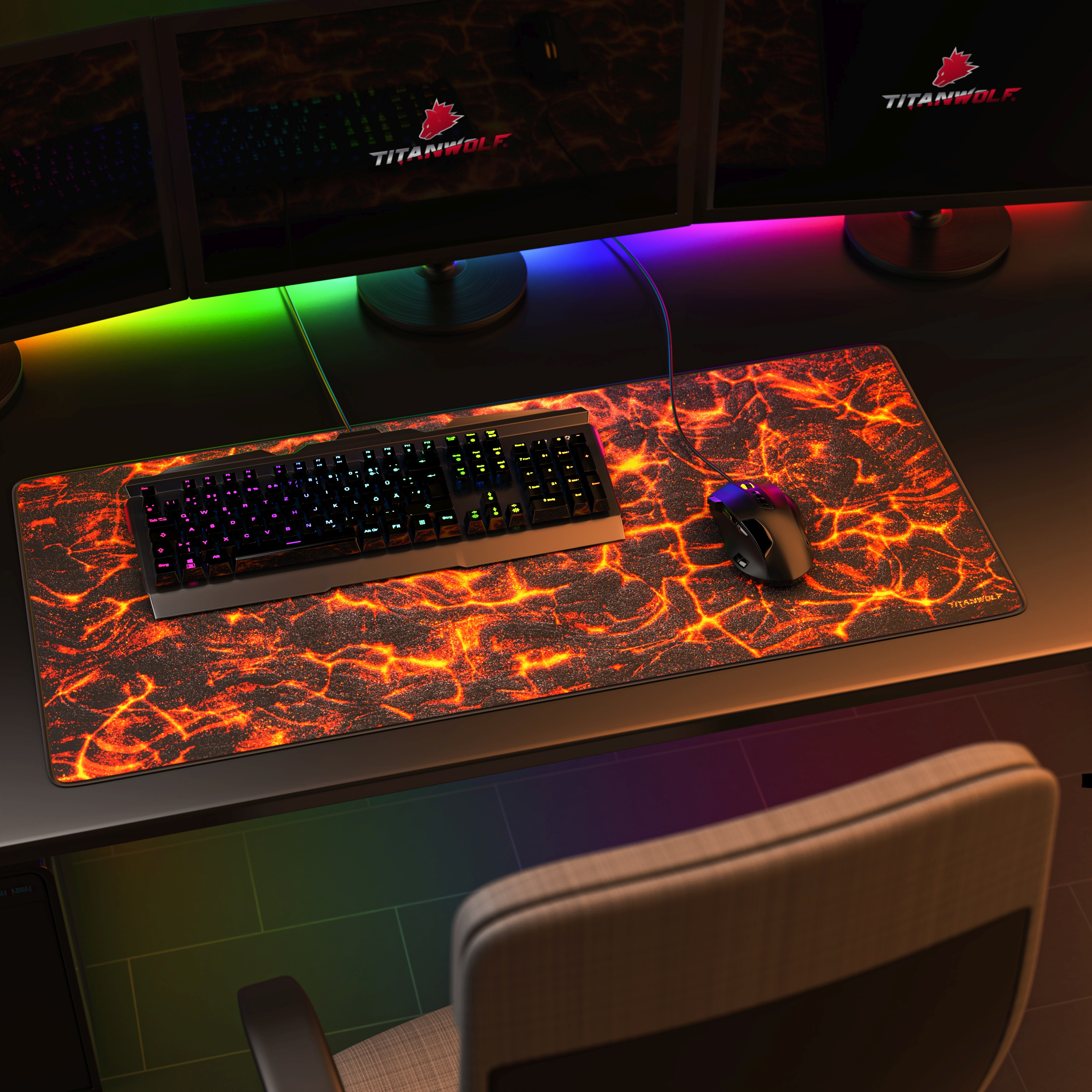 Schreibtisch-Setup mit Tastatur, Maus und einem Gaming-Mauspad mit lavaartigem Design.
