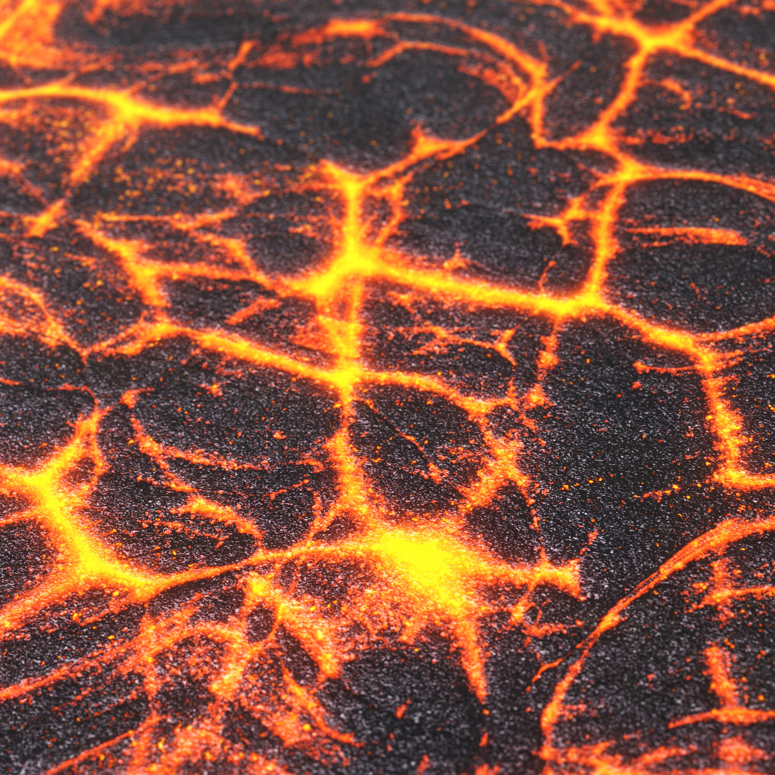 Nahaufnahme einer lavaartigen Textur. Schwarz und orange mit Rissen und leuchtenden Flecken.
