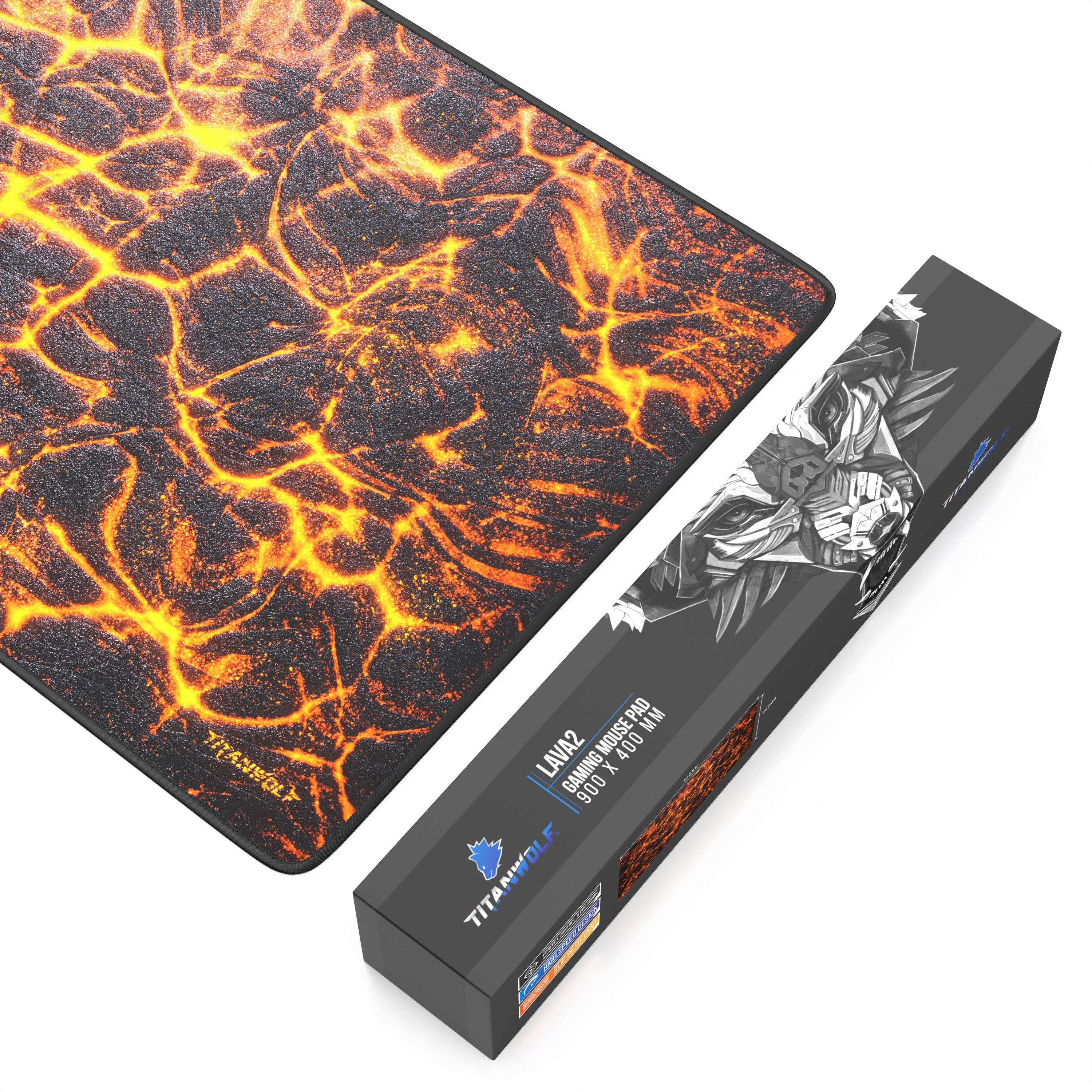 Gaming-Mauspad mit Lava-Design und einer Box. Das Pad hat ein schwarz-oranges Muster.