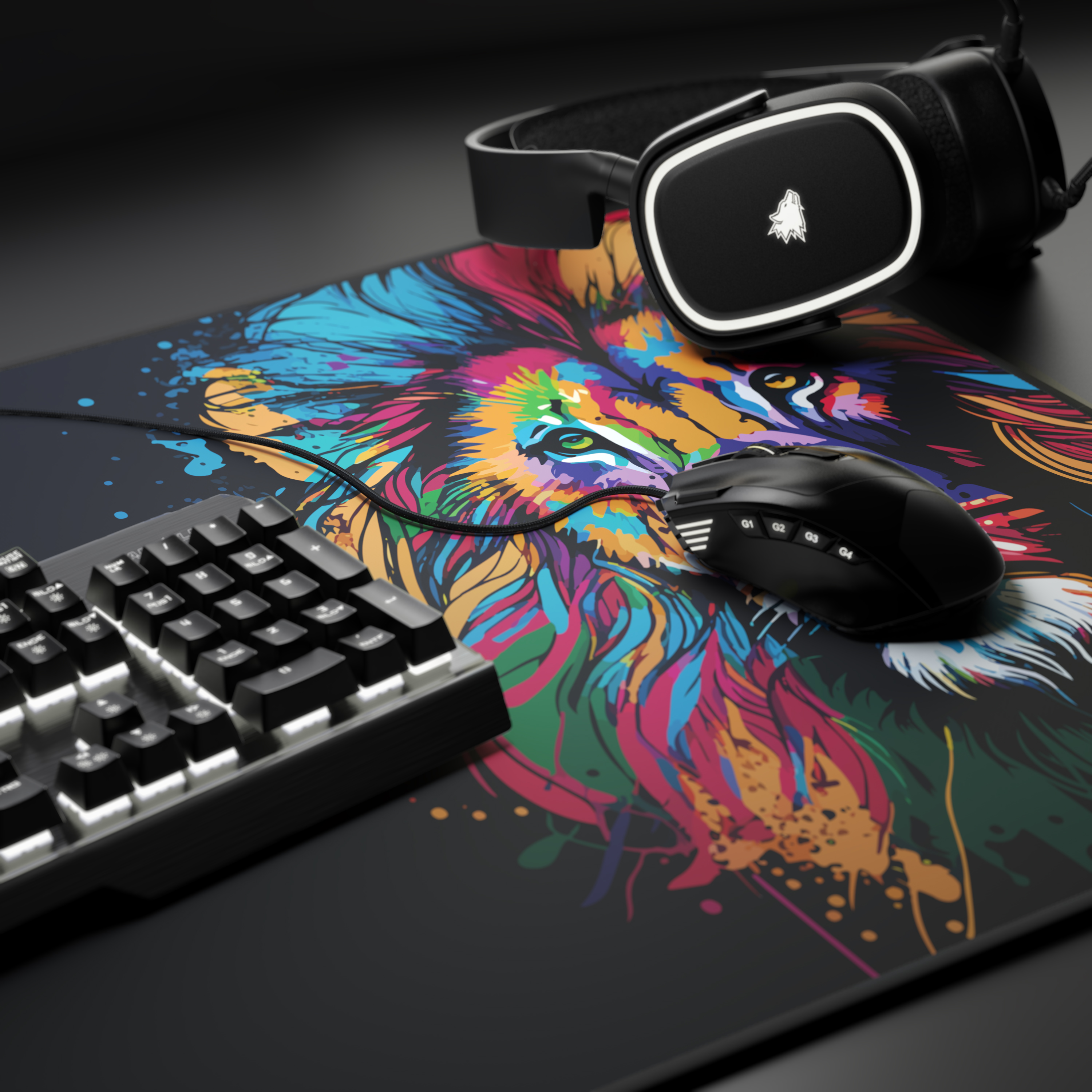 Ein Gaming-Setup mit einem farbenfrohen Mauspad im Löwen-Design, Tastatur, Maus und Headset.