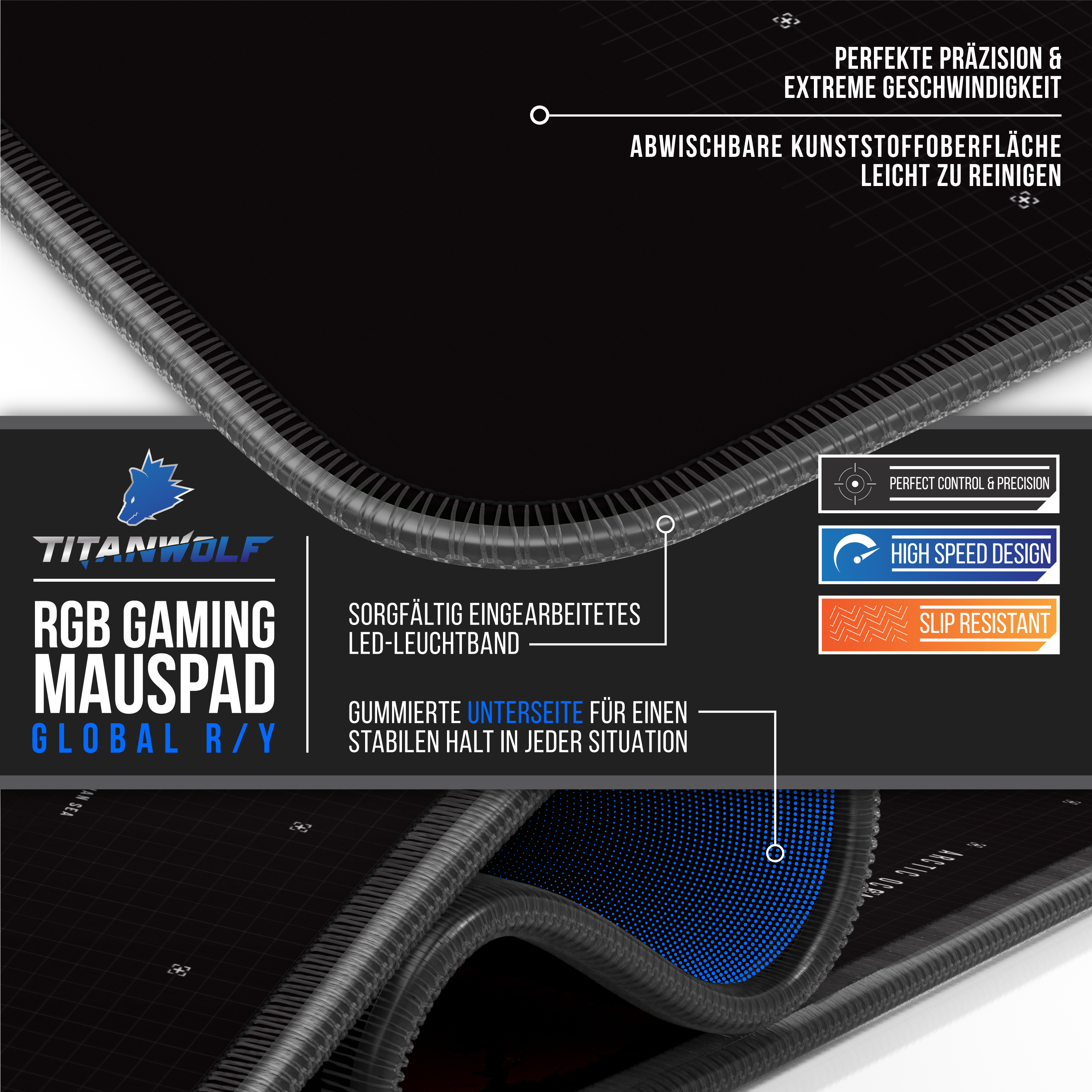 RGB-Gaming-Mauspad mit Text: TITANWOLF, RGB GAMING MAUSPAD.