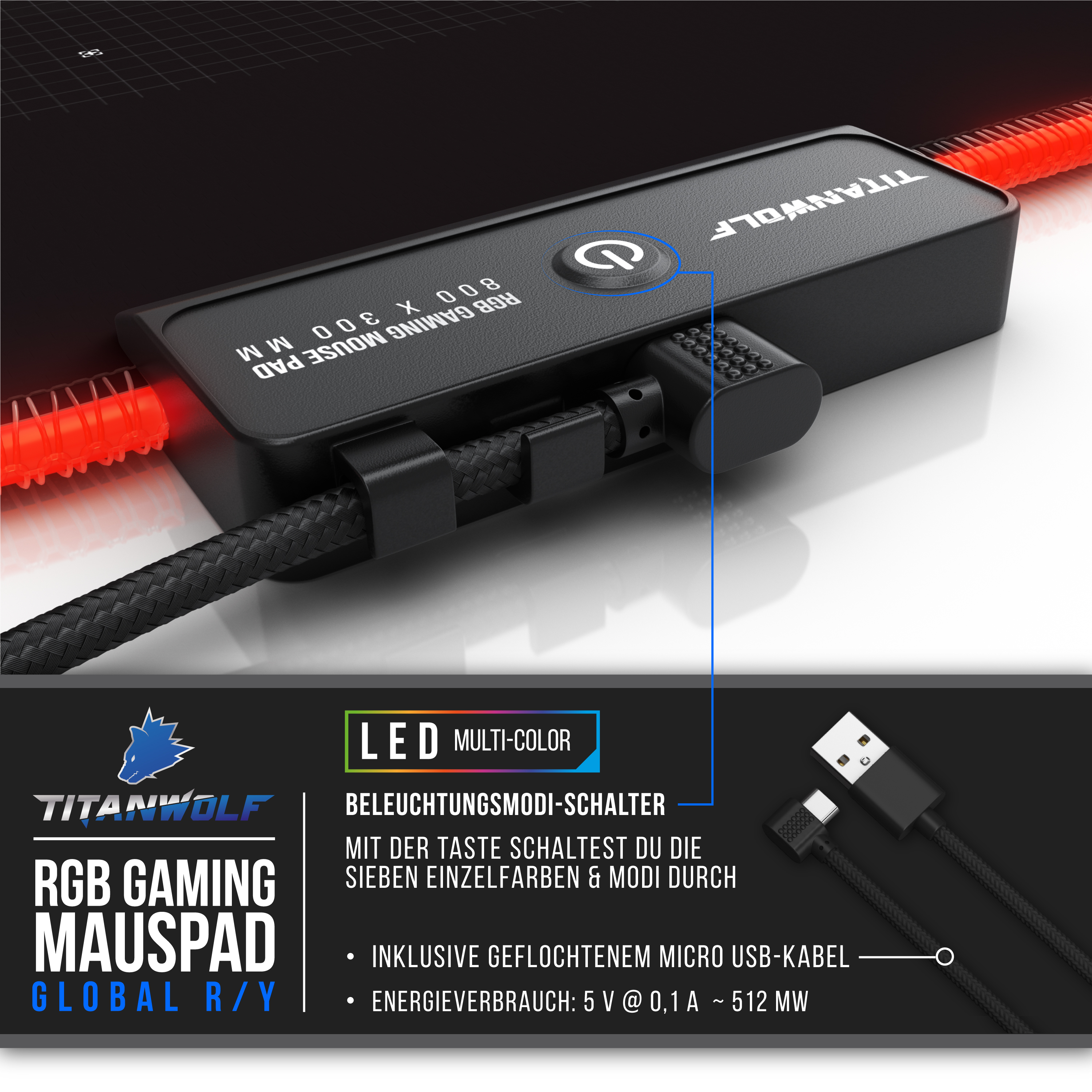 RGB Gaming-Mauspad mit schwarzer Oberfläche. Text auf Pad und Kabel. Inklusive USB-Kabel.