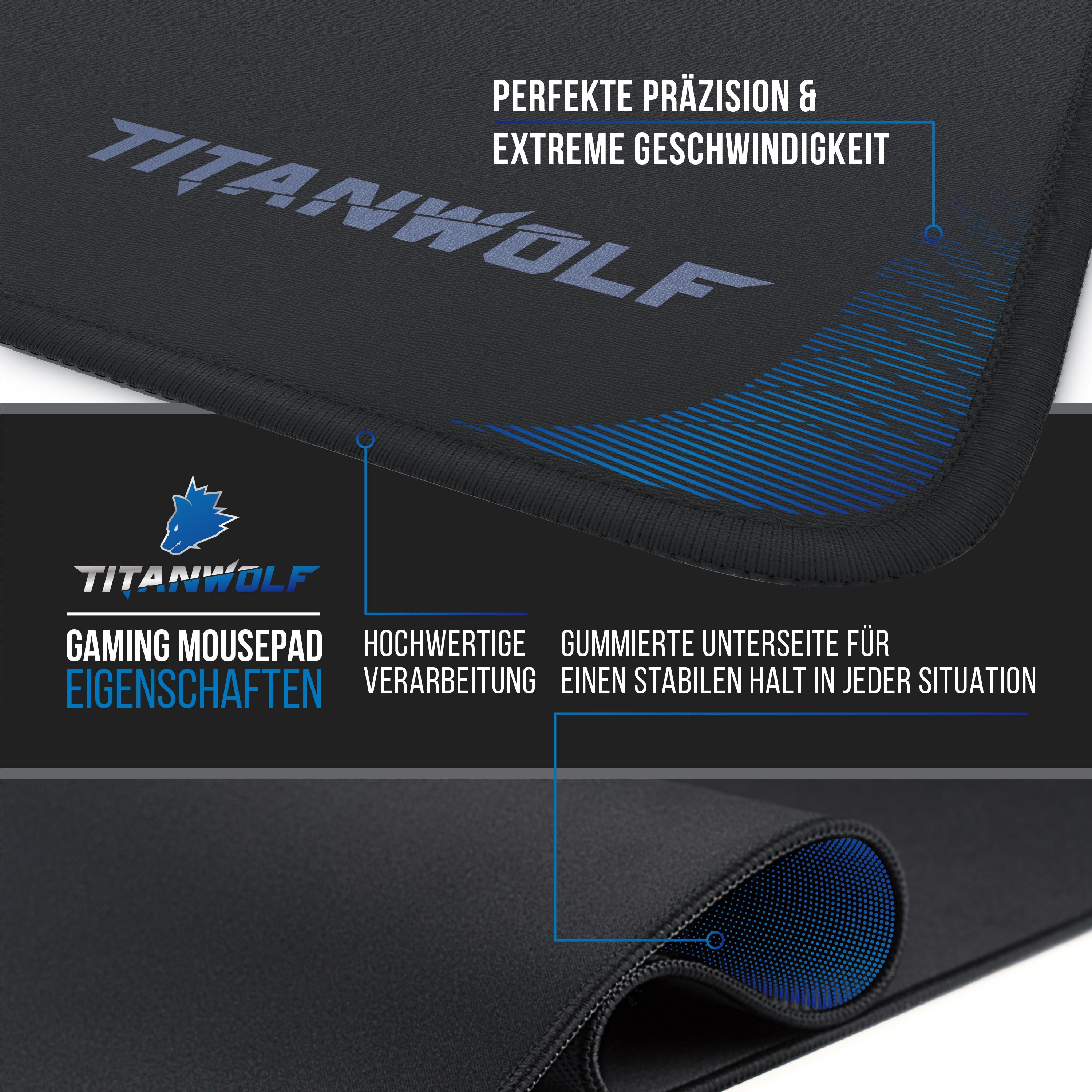 Gaming-Mauspad mit Text und blauem Design. Das Mauspad ist schwarz mit dem Markennamen 'TITANWOLF'.