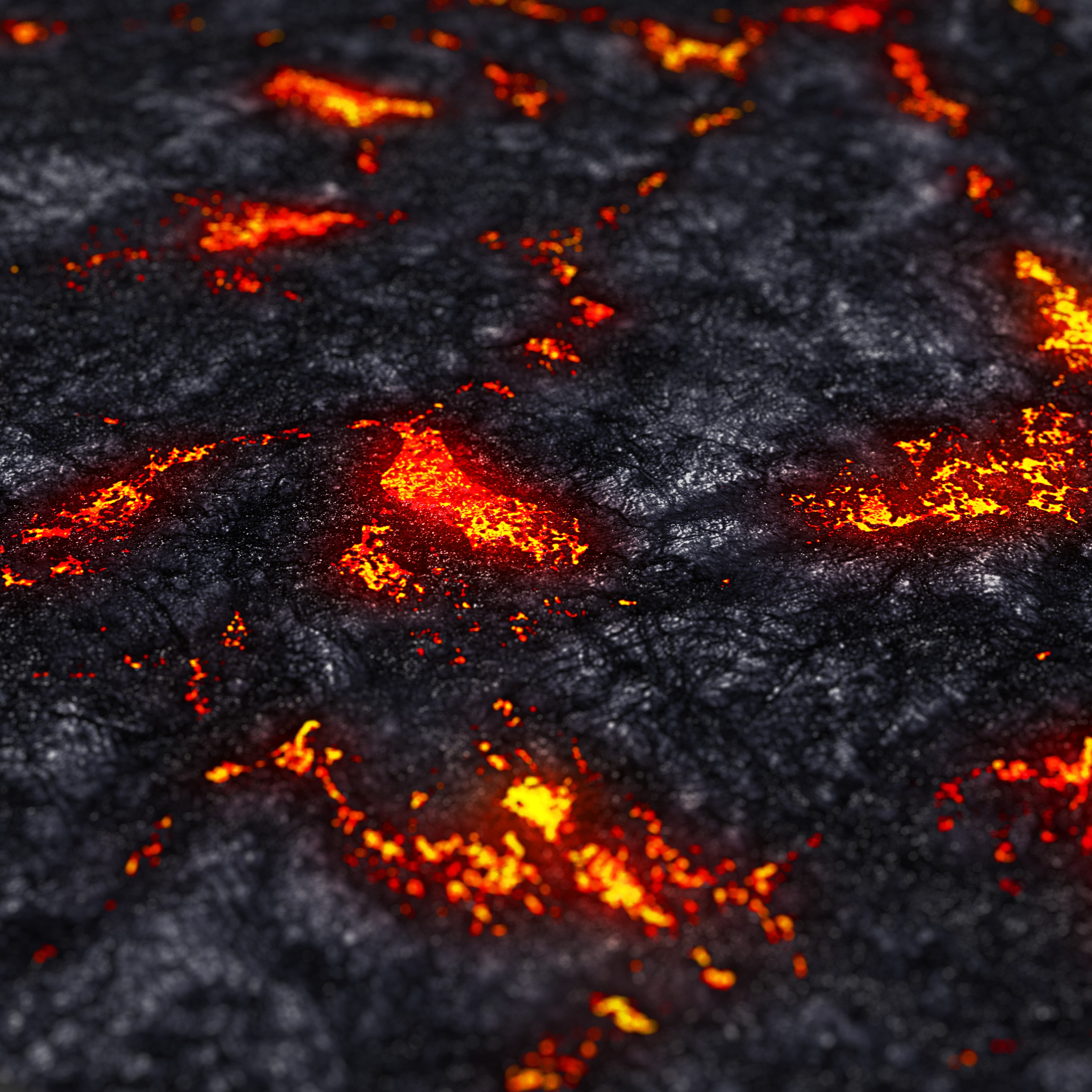 Nahaufnahme einer schwarzen Lavafels-Oberfläche mit hellorangefarbenen geschmolzenen Rissen.