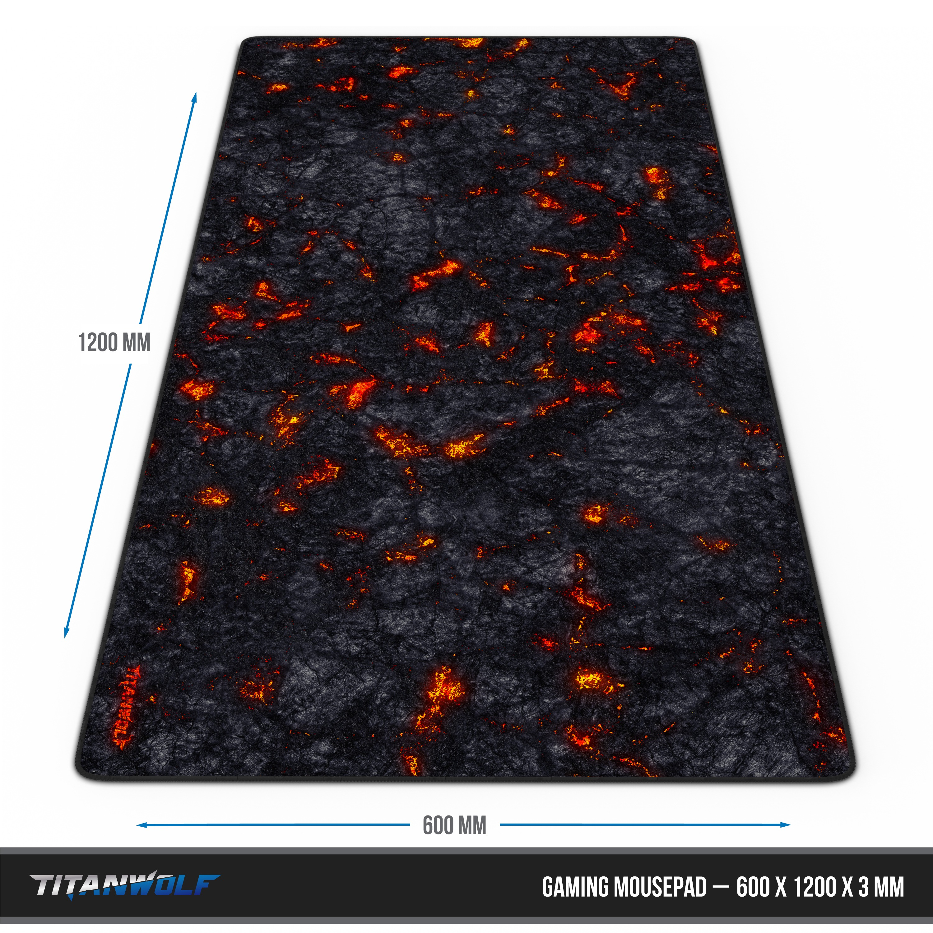 Großes schwarzes Gaming-Mauspad mit Lava-Design. Die Abmessungen betragen 600 x 1200 x 3 mm. Text sagt 'Titanwolf'.