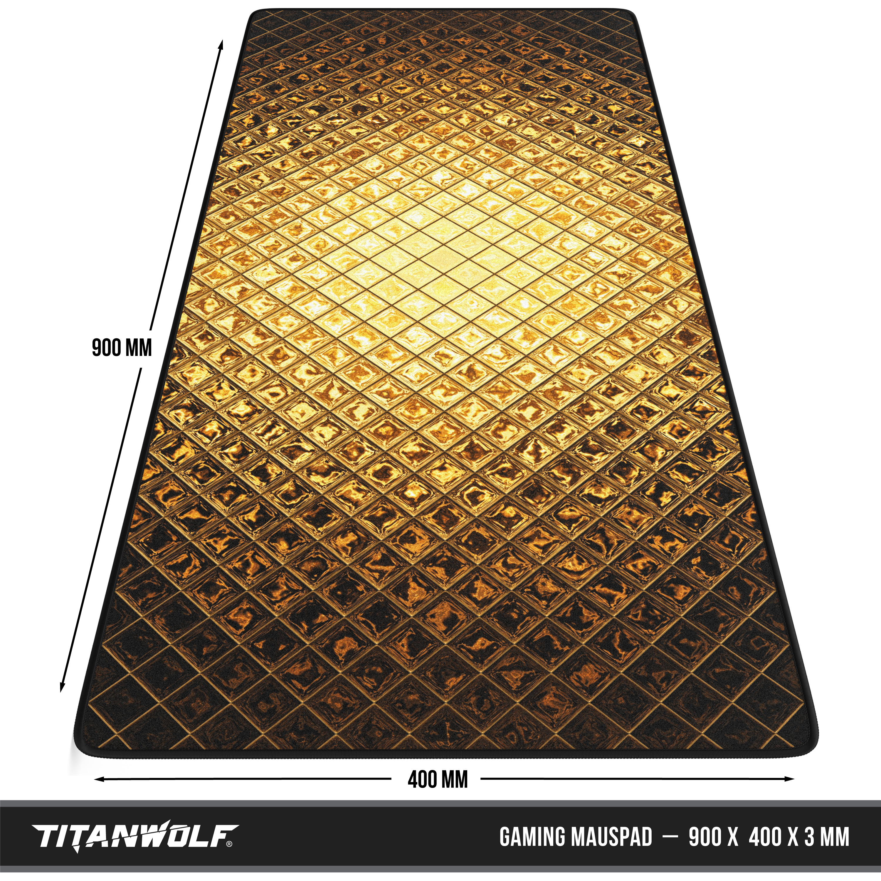 Gaming-Mauspad mit goldener, strukturierter Oberfläche. Abmessungen sind 900x400x3 mm. Titanwolf-Logo unten.