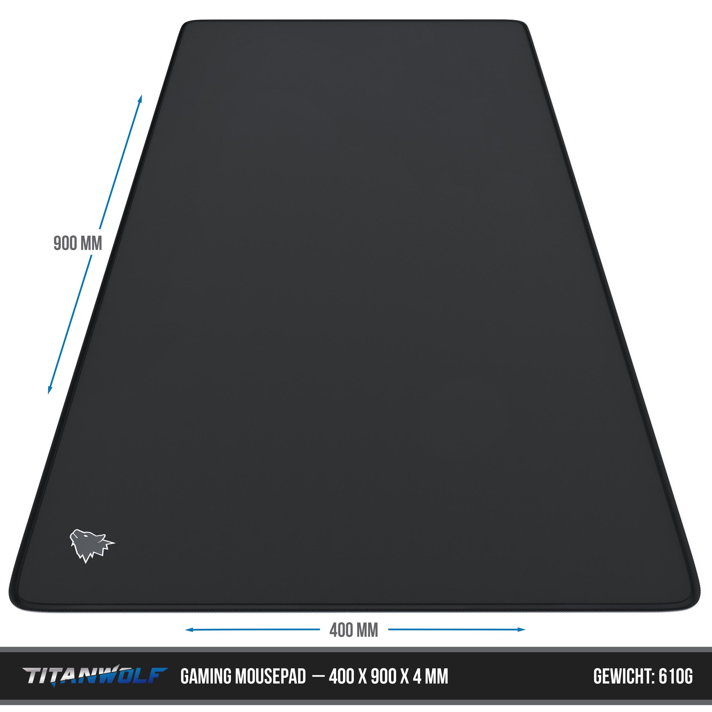 Ein schwarzes Gaming-Mauspad mit den Abmessungen 400x900x4 mm und einem Wolf-Logo.