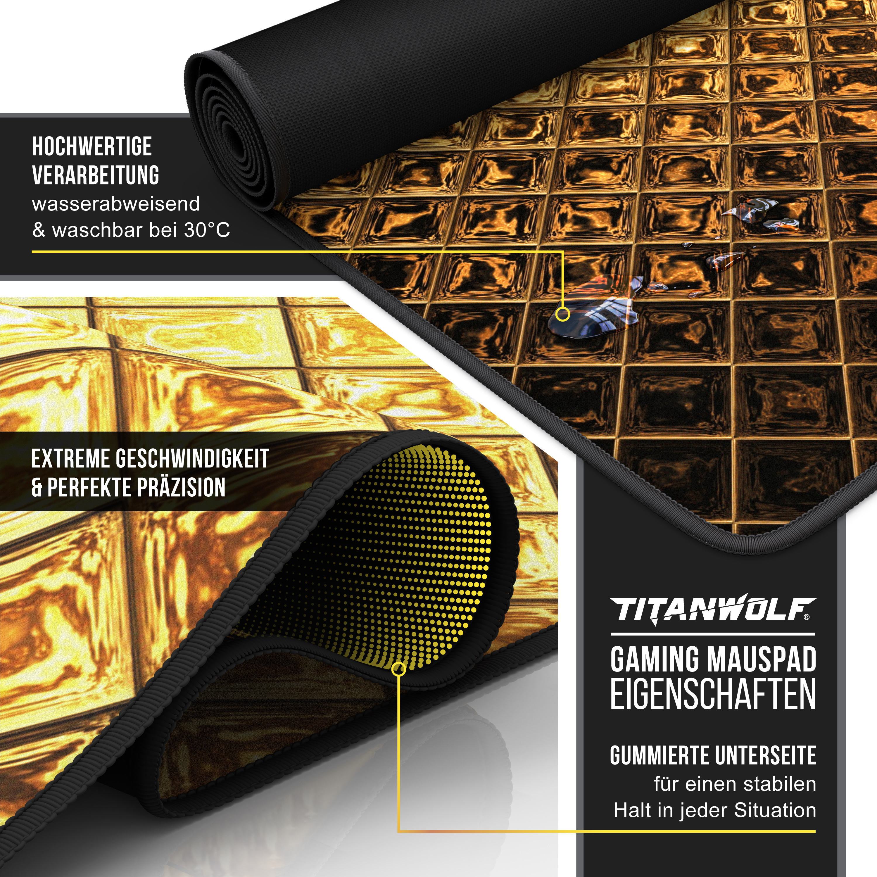 Gaming-Mauspad mit goldenem Gittermuster, Text über seine Funktionen.
