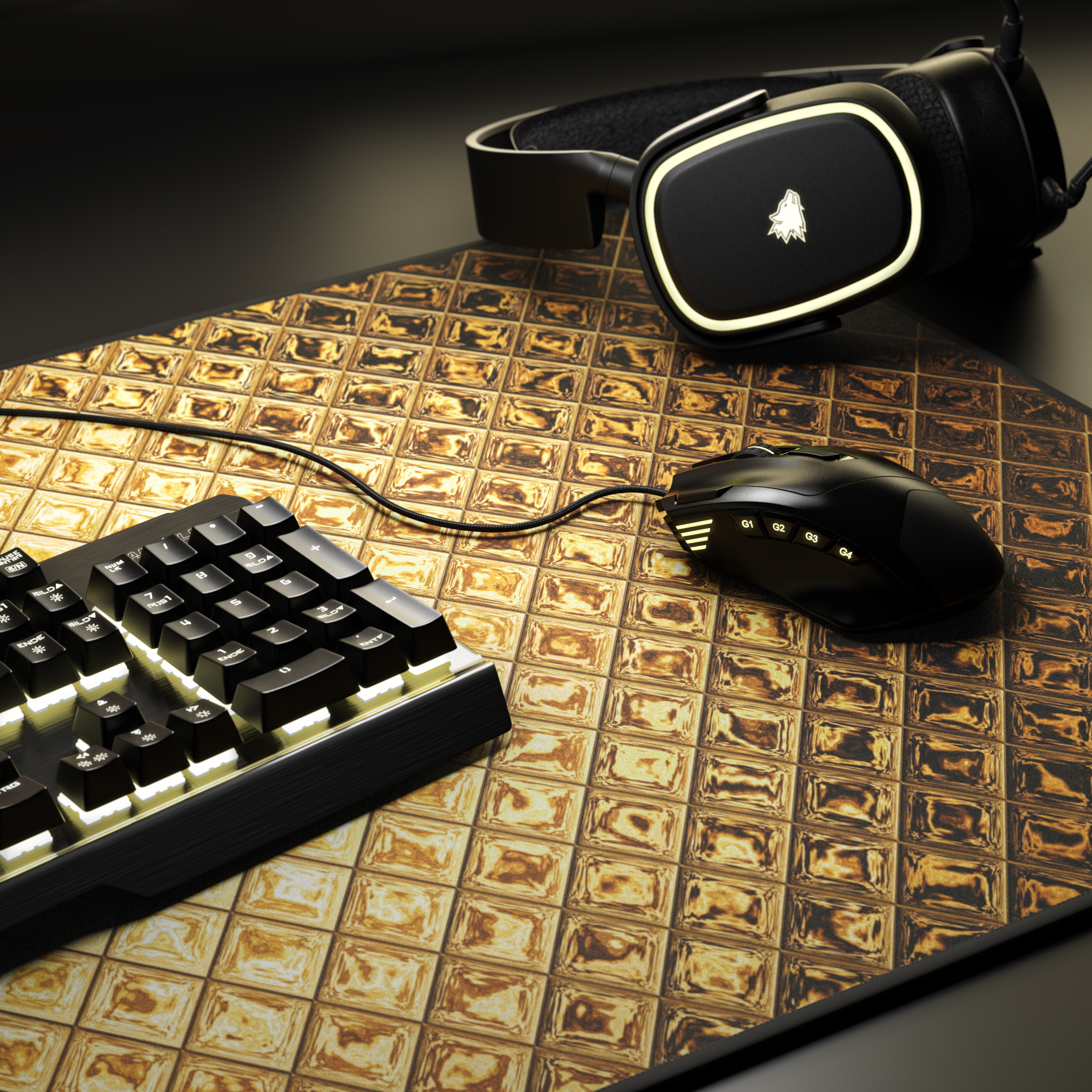 Gaming-Setup mit Tastatur, Maus und Headset auf einem gold gemusterten Mauspad.