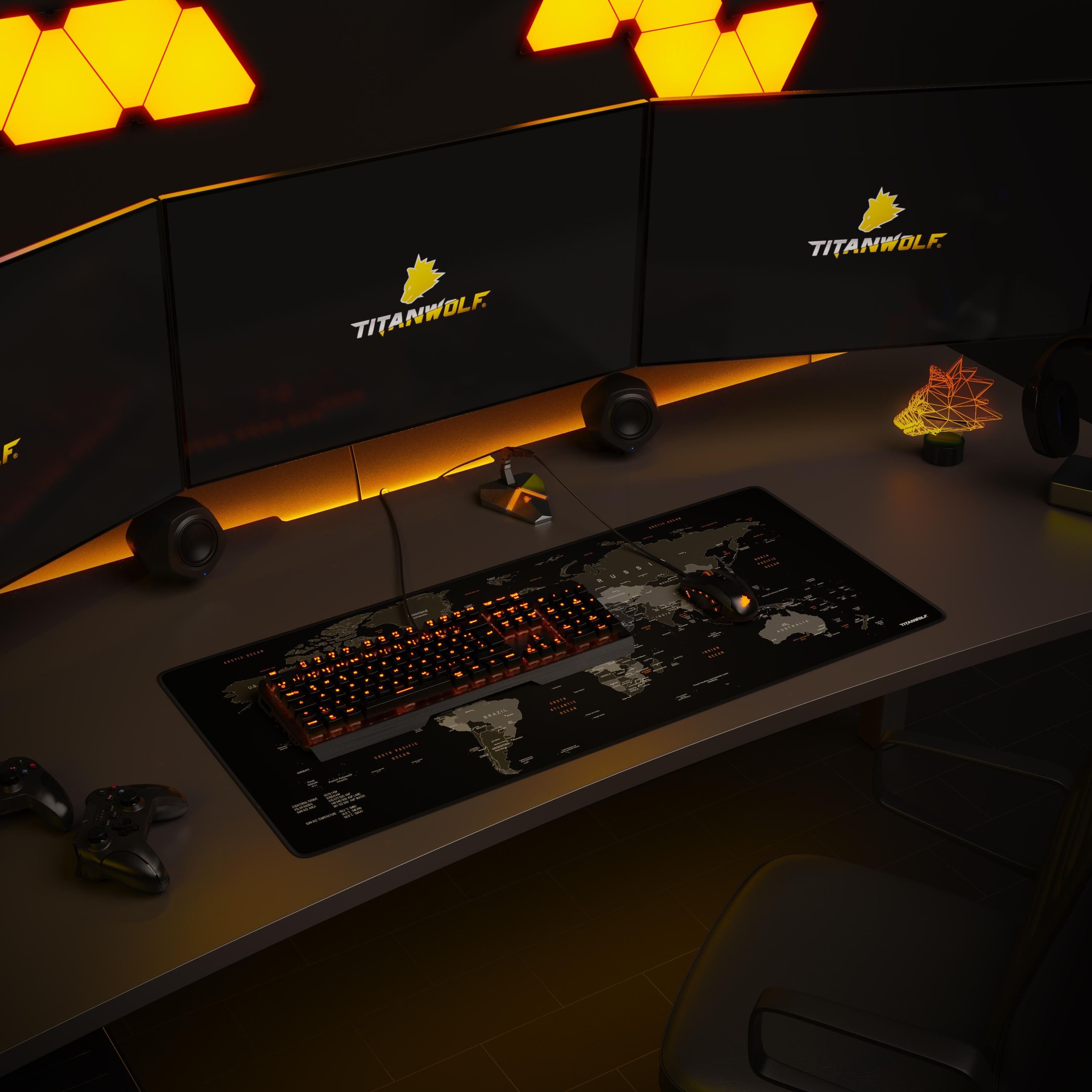 Gaming-Setup, einschließlich Monitore, Tastatur, Maus, Lautsprecher und Zubehör auf einem Schreibtisch.